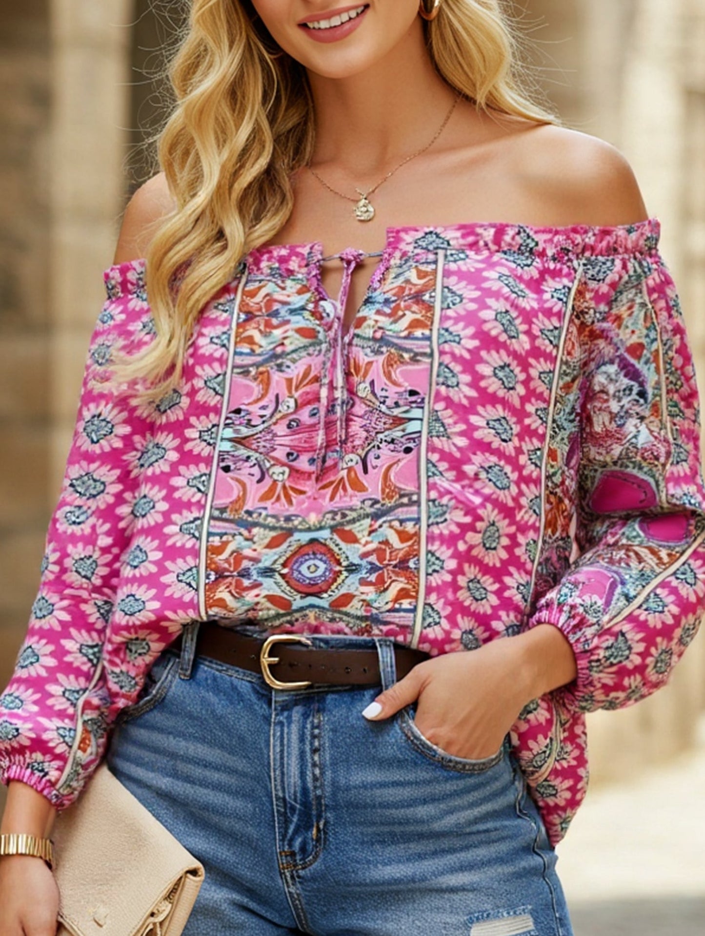 Floral Off-Shoulder Ruffle Knot Shirt