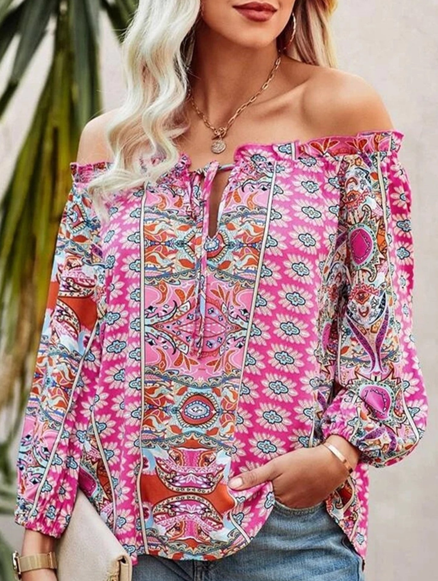 Floral Off-Shoulder Ruffle Knot Shirt
