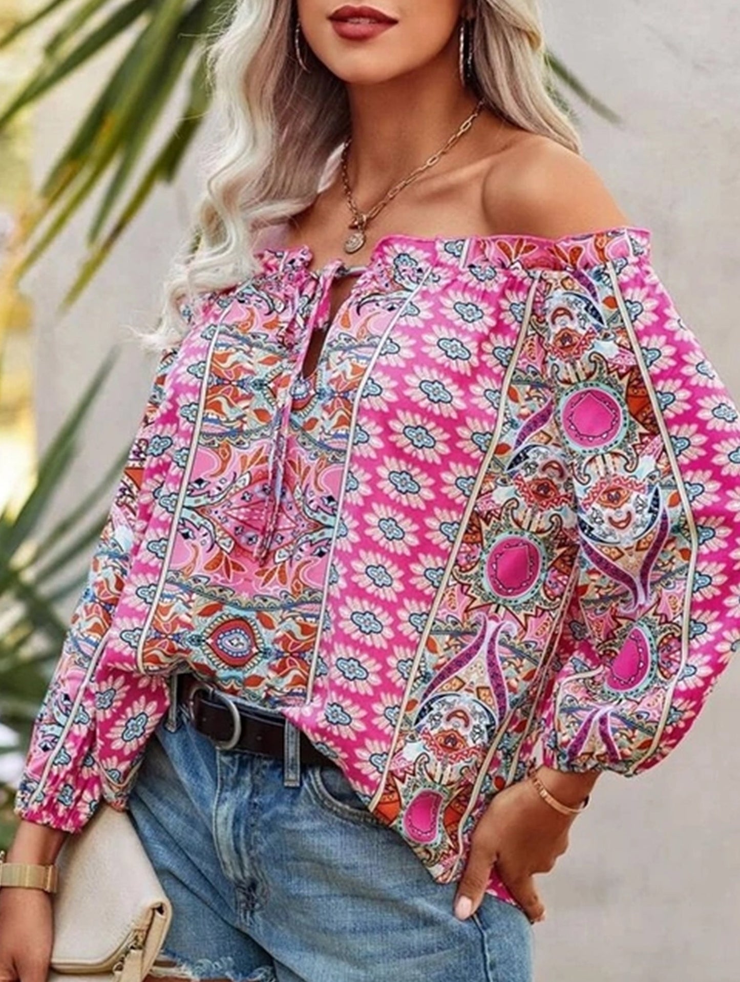 Floral Off-Shoulder Ruffle Knot Shirt