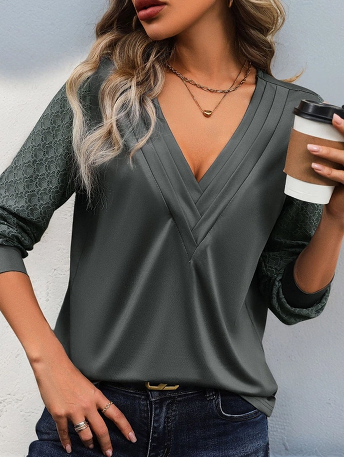 DEEP V-NECK PLEATED SOLID COLOR SIMPLE TOP