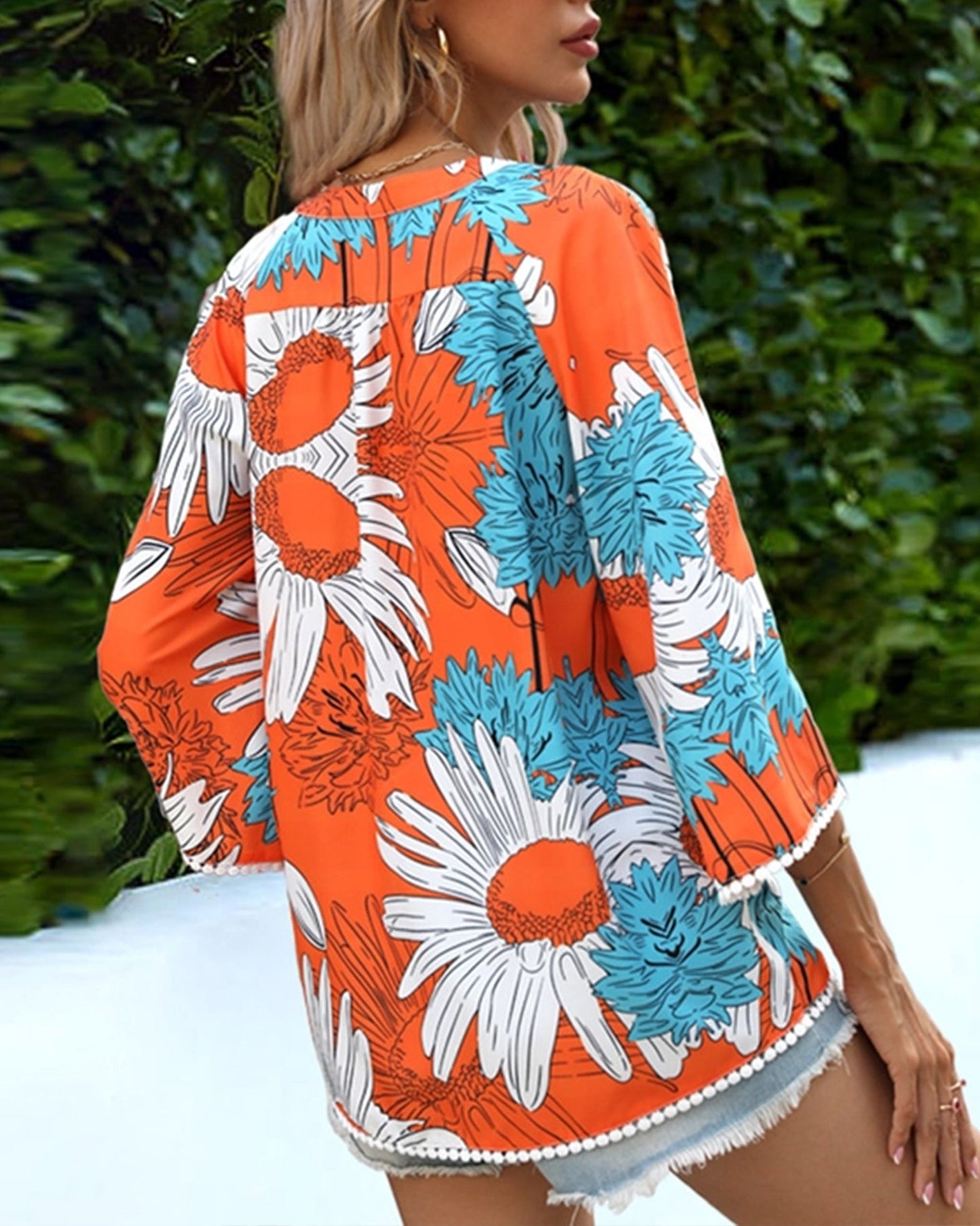 V-Neck Five Quarter Sleeve Printed Baggy Top ??Relaxed & Stylish