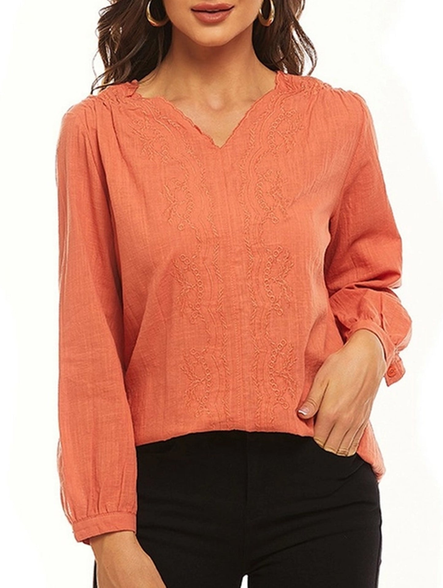 Cotton linen V-neck loose long-sleeved casual top