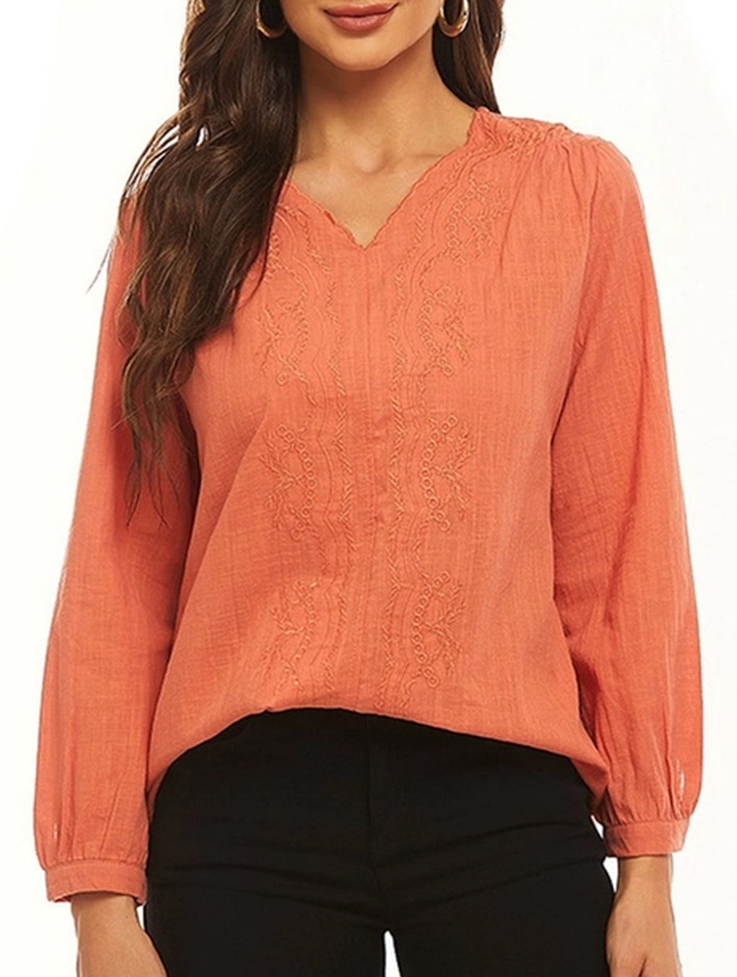 Cotton linen V-neck loose long-sleeved casual top