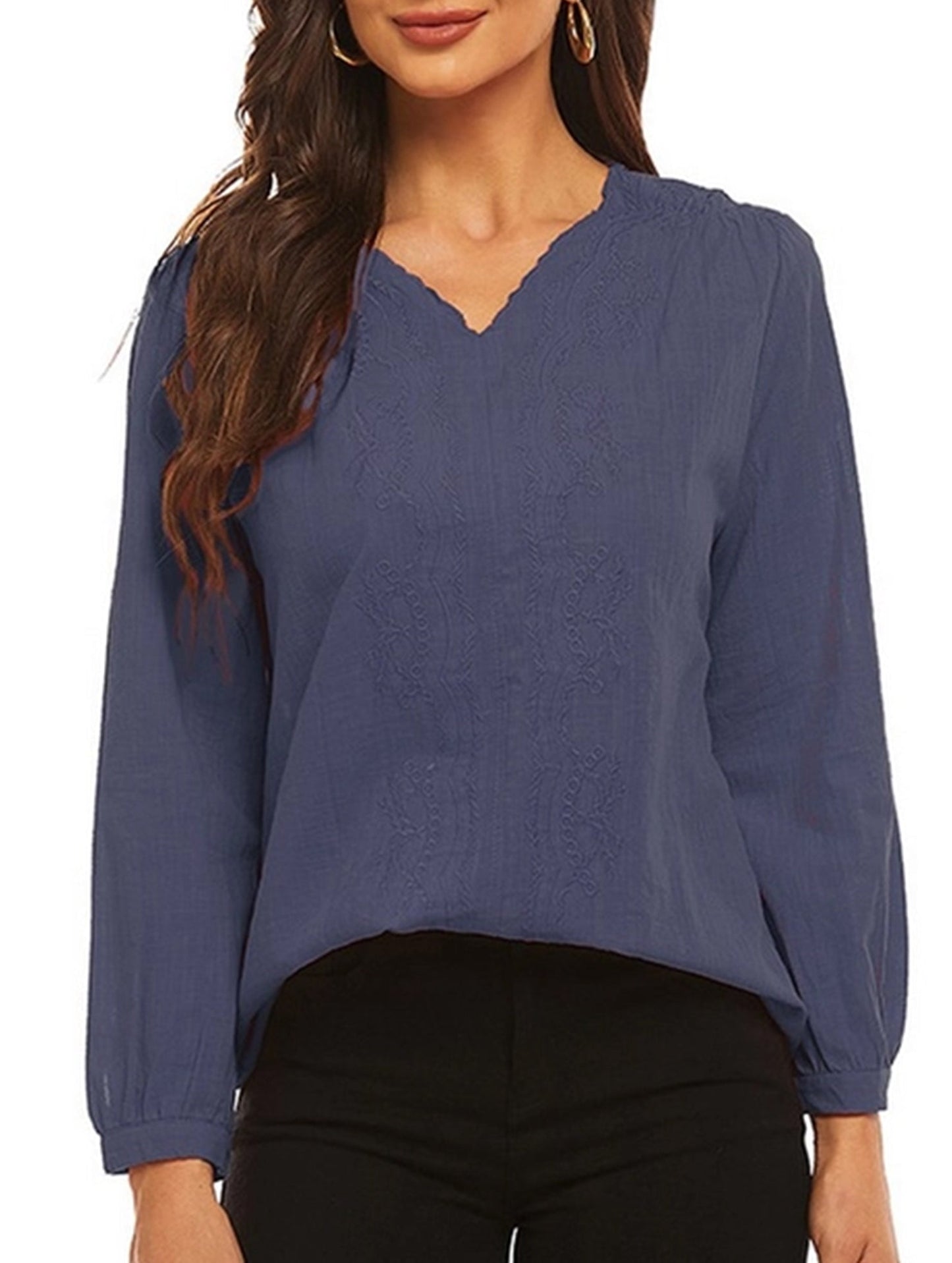 Cotton linen V-neck loose long-sleeved casual top