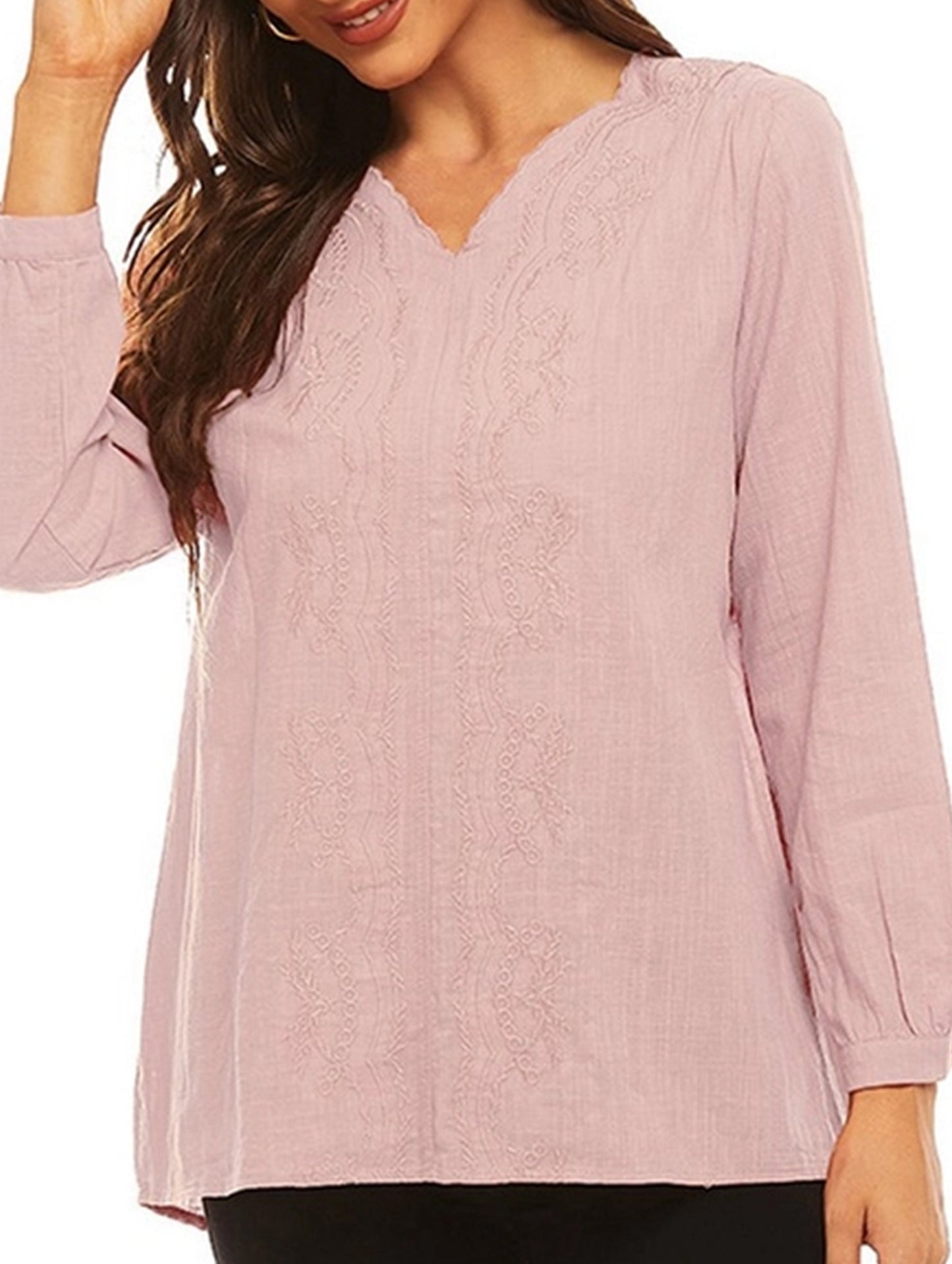 Cotton linen V-neck loose long-sleeved casual top