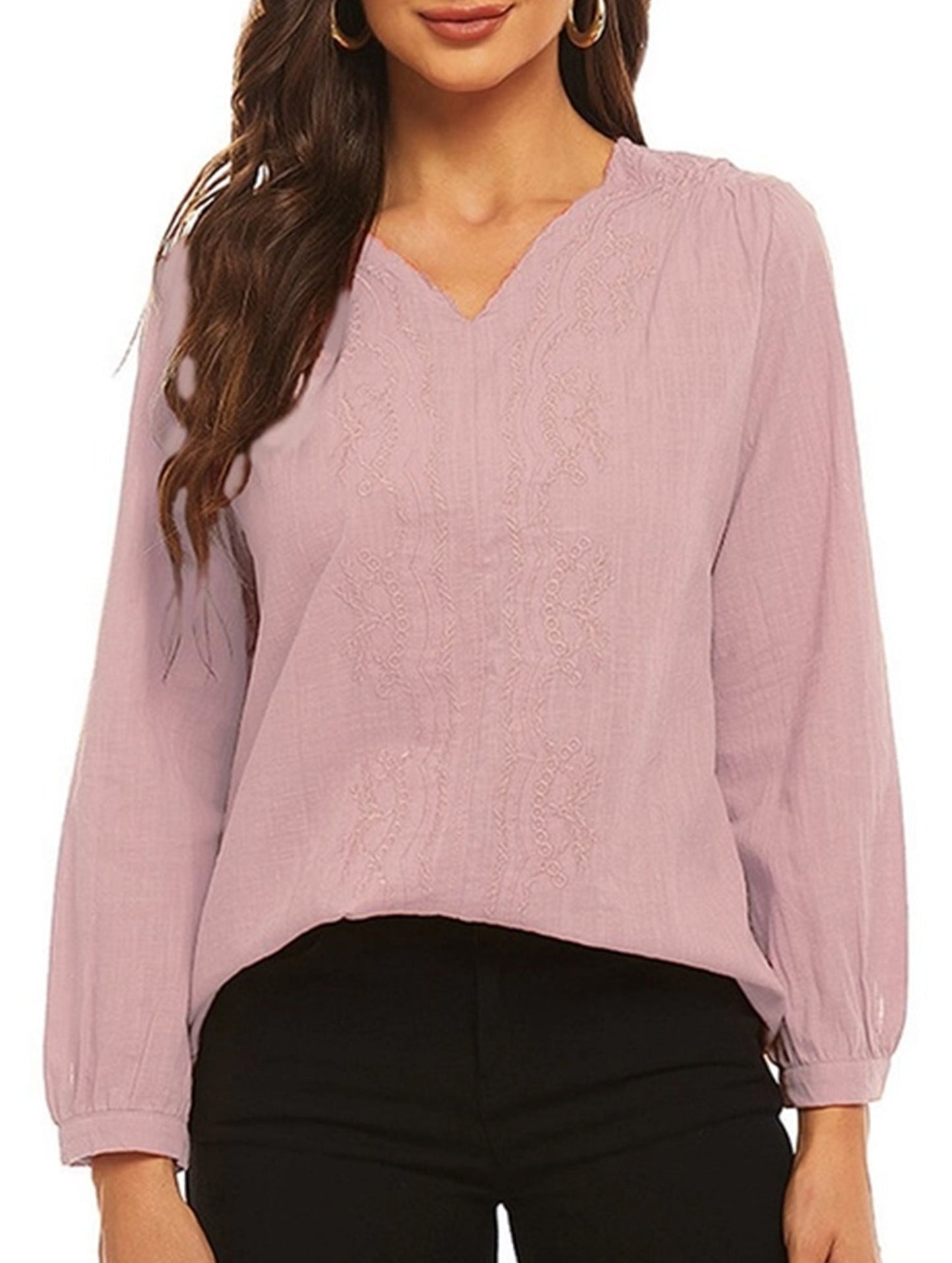 Cotton linen V-neck loose long-sleeved casual top