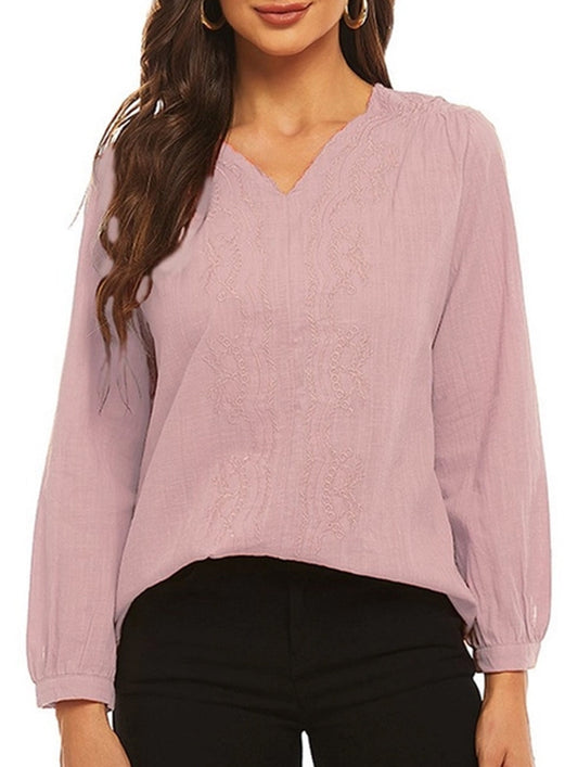 Cotton linen V-neck loose long-sleeved casual top