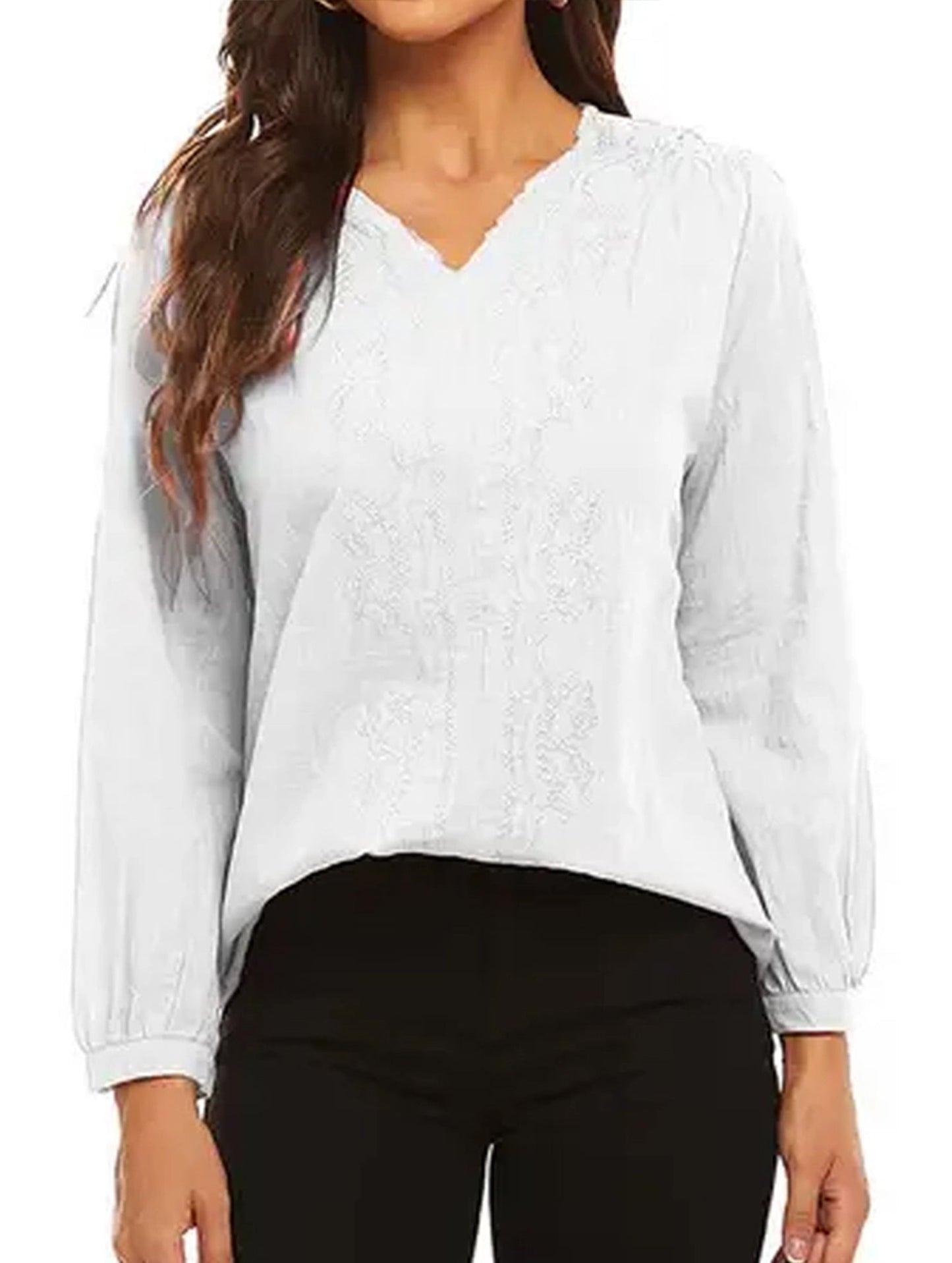 Cotton linen V-neck loose long-sleeved casual top