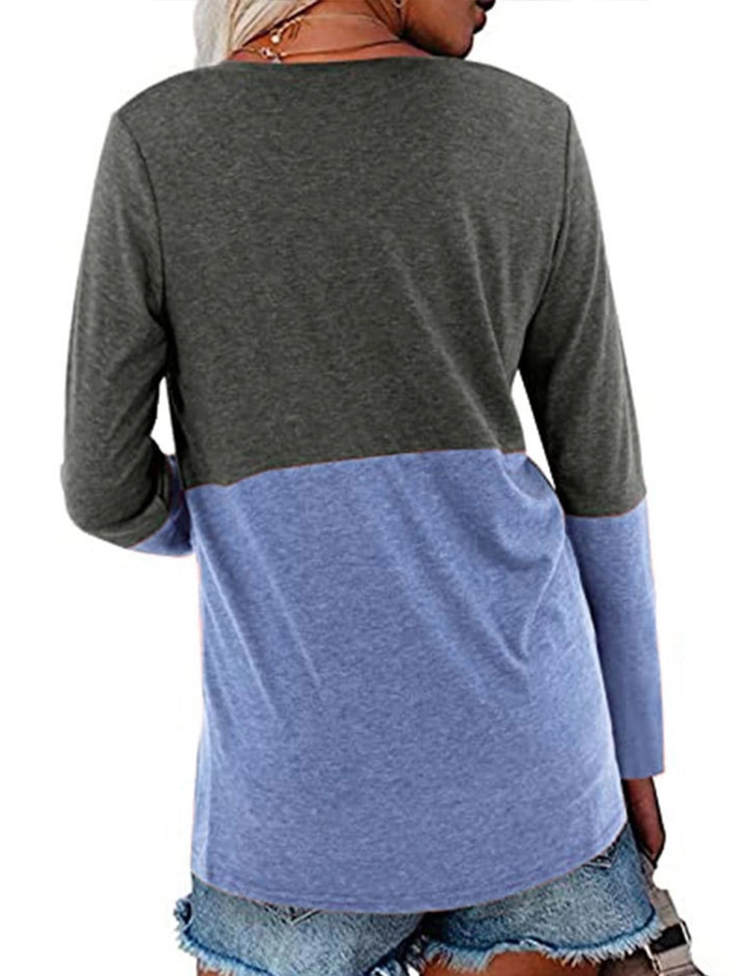 Color contrast patchwork V-neck long sleeve Tshirt