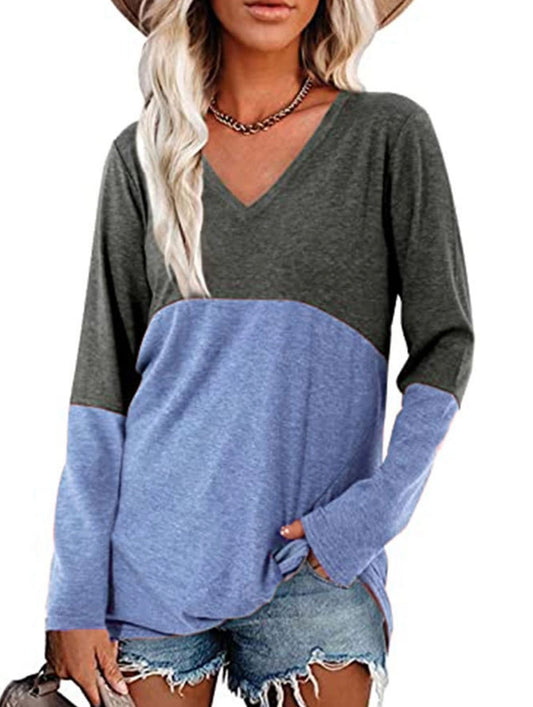 Color contrast patchwork V-neck long sleeve Tshirt