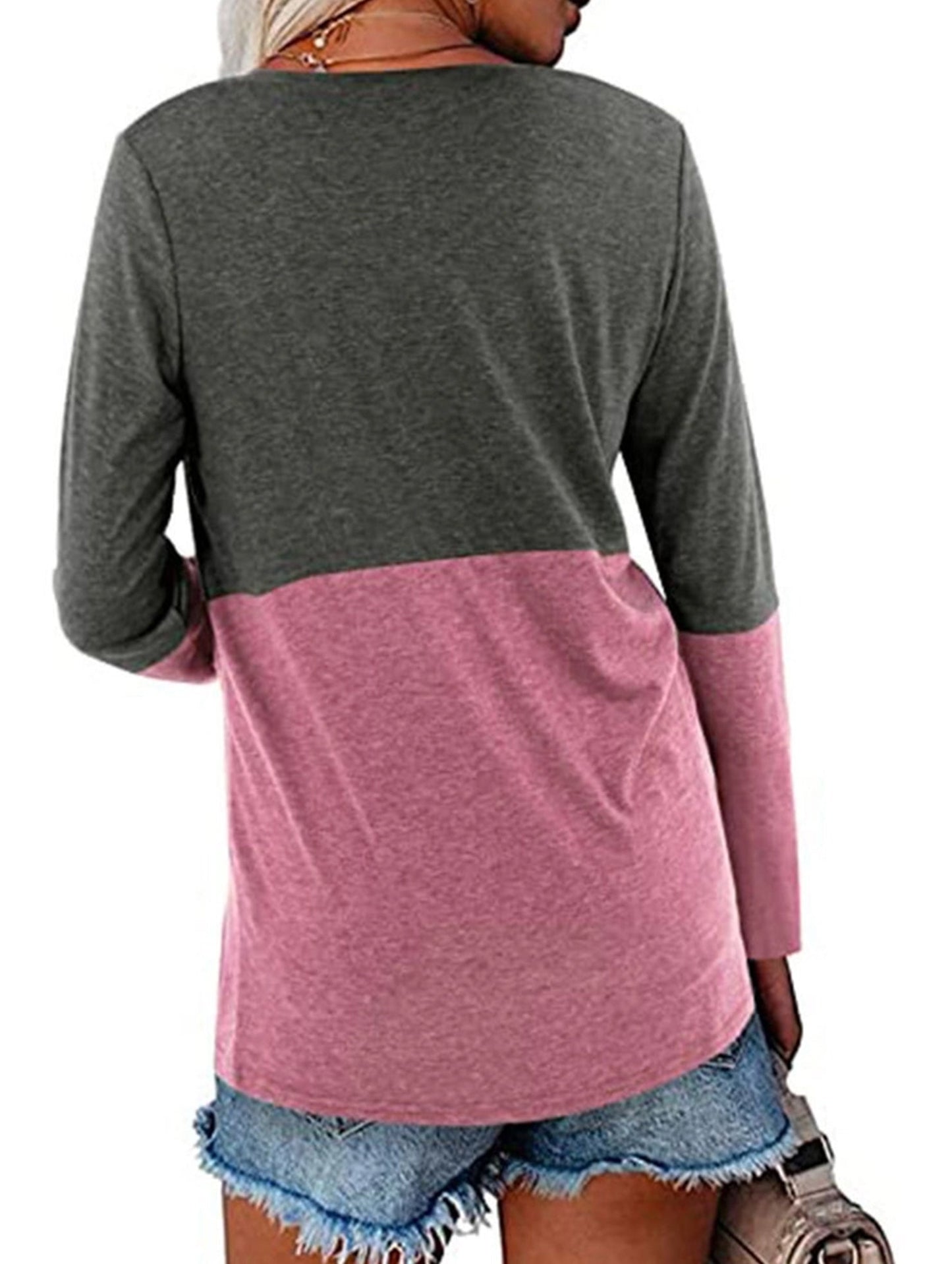 Color contrast patchwork V-neck long sleeve Tshirt