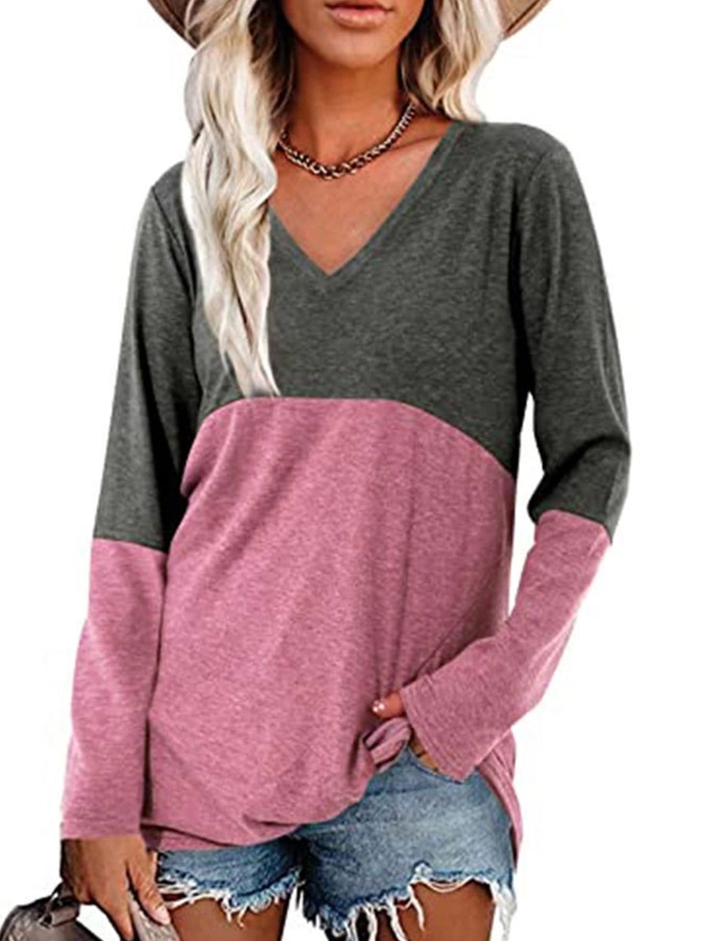 Color contrast patchwork V-neck long sleeve Tshirt