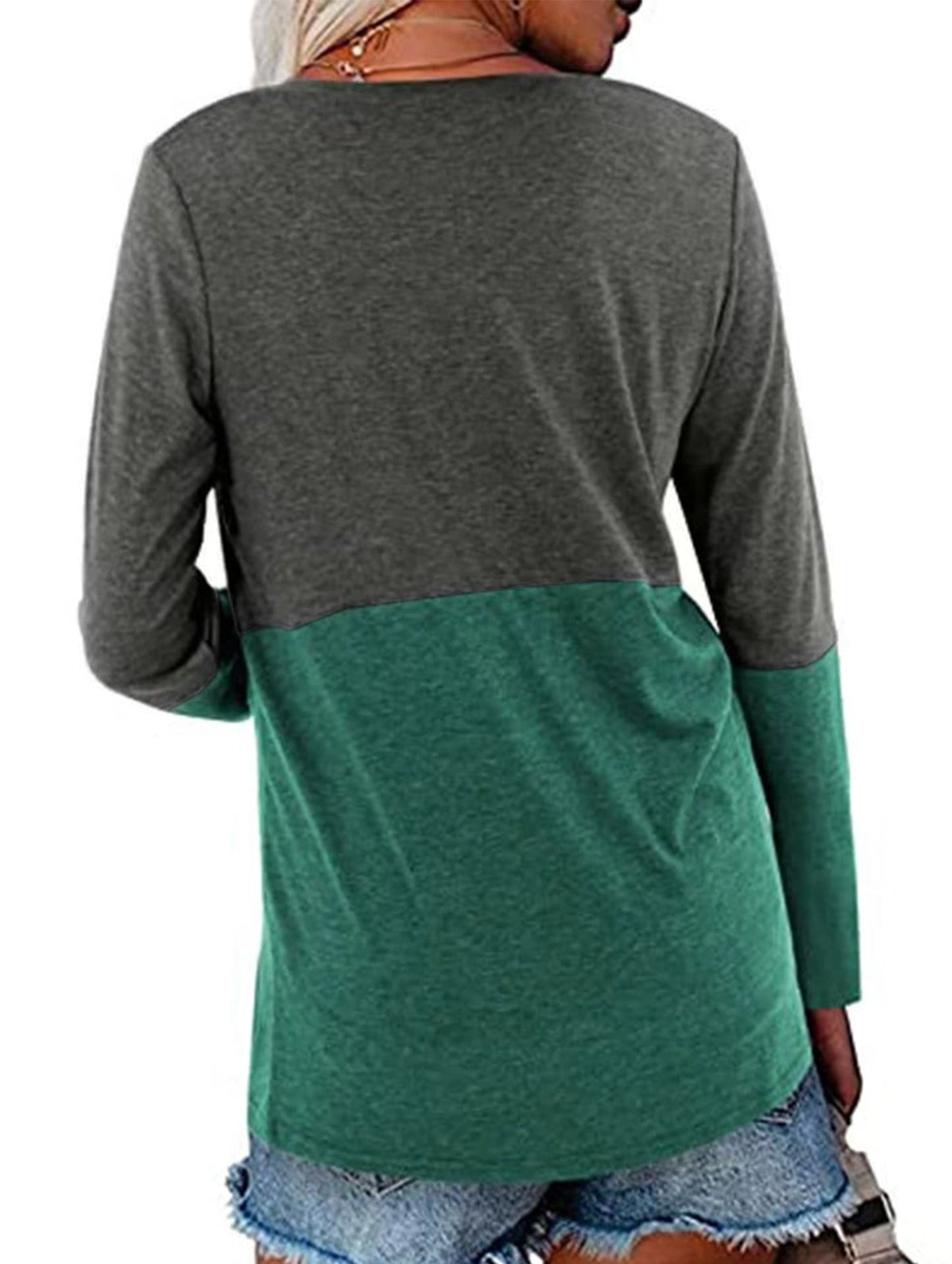 Color contrast patchwork V-neck long sleeve Tshirt