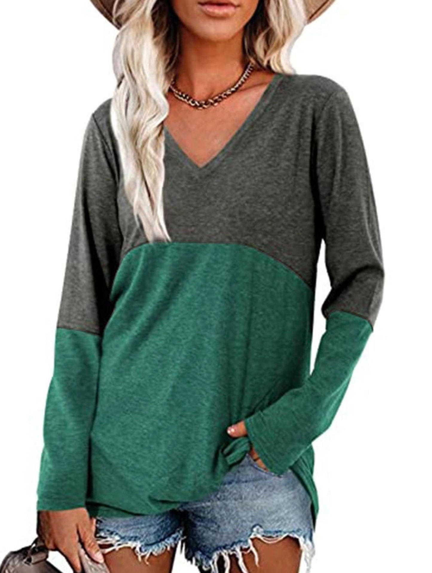 Color contrast patchwork V-neck long sleeve Tshirt