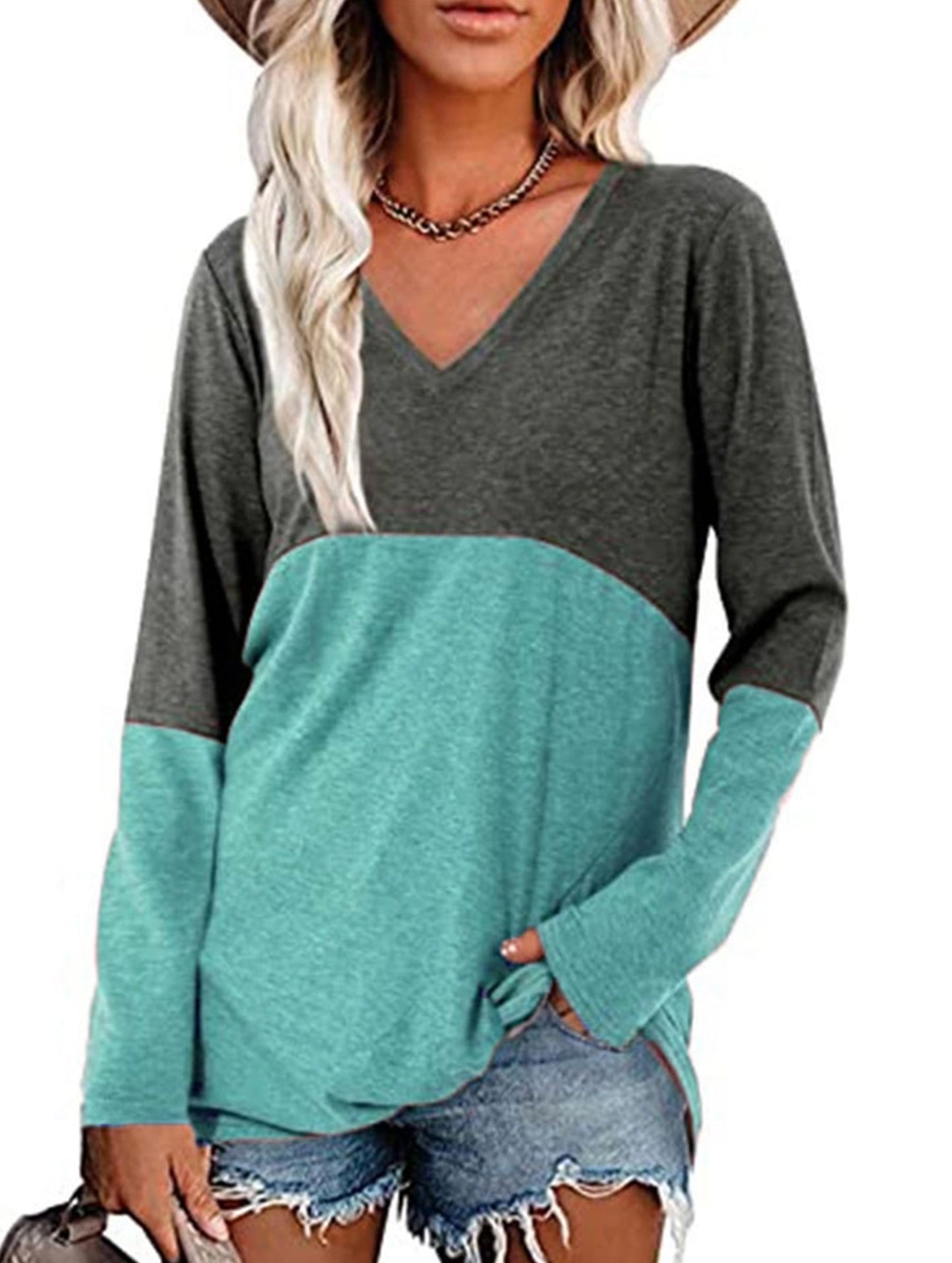 Color contrast patchwork V-neck long sleeve Tshirt