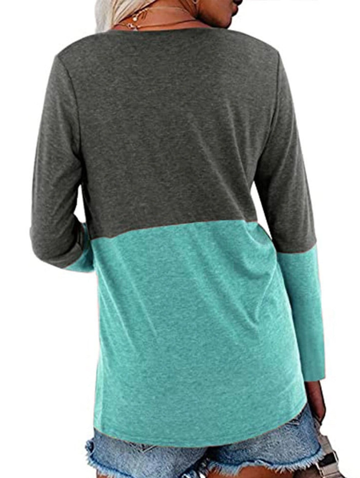 Color contrast patchwork V-neck long sleeve Tshirt