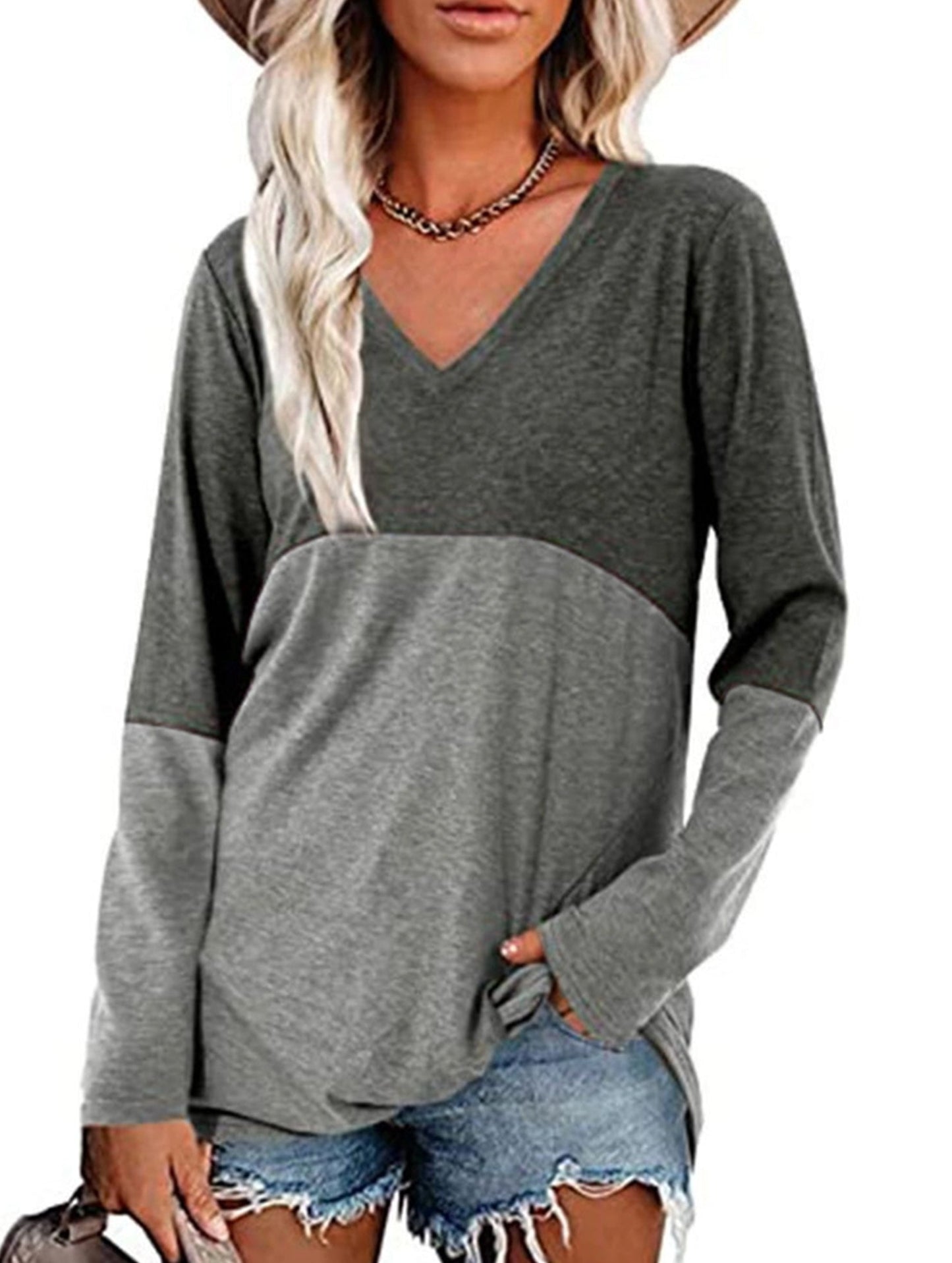 Color contrast patchwork V-neck long sleeve Tshirt