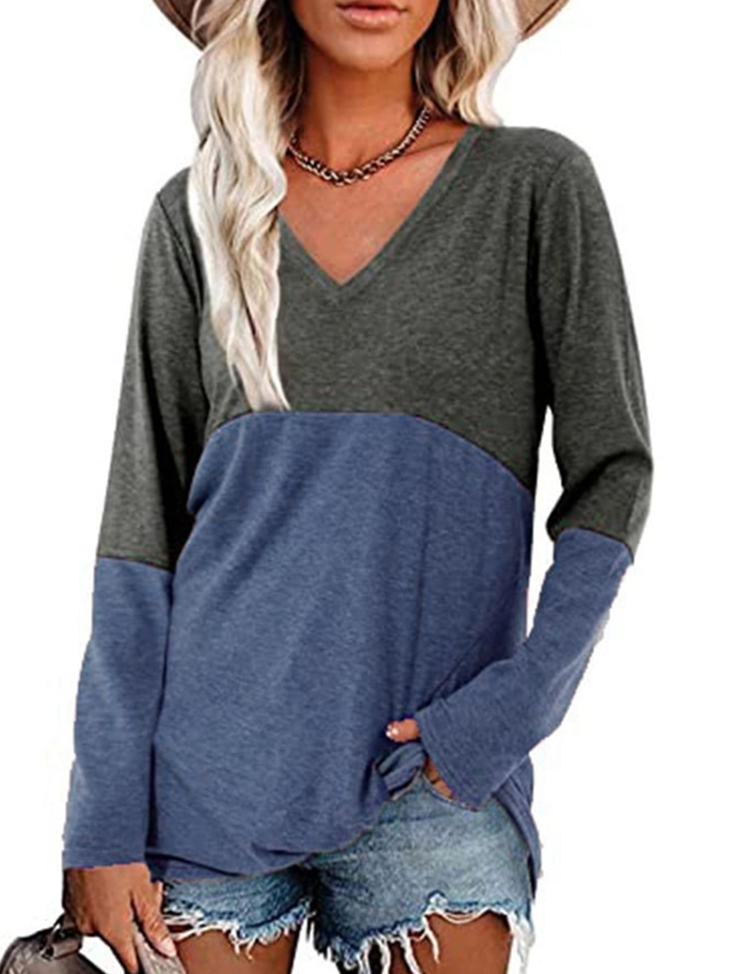 Color contrast patchwork V-neck long sleeve Tshirt