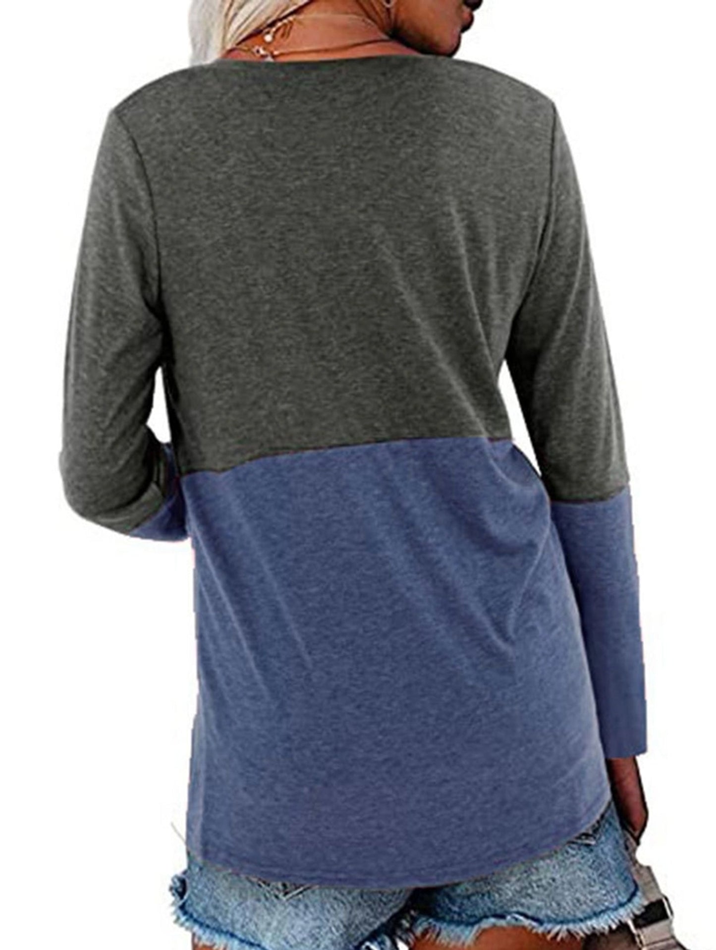 Color contrast patchwork V-neck long sleeve Tshirt