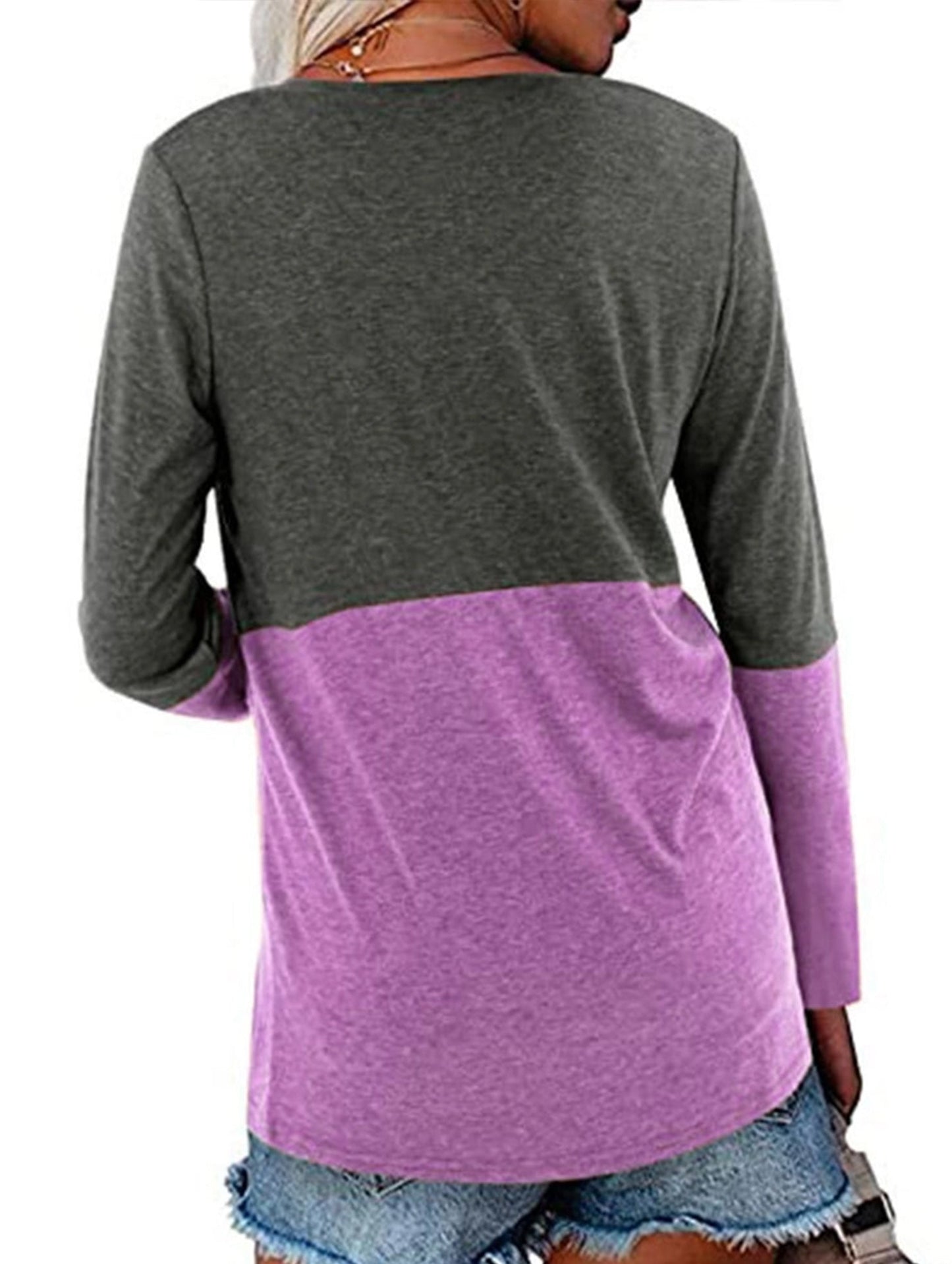 Color contrast patchwork V-neck long sleeve Tshirt