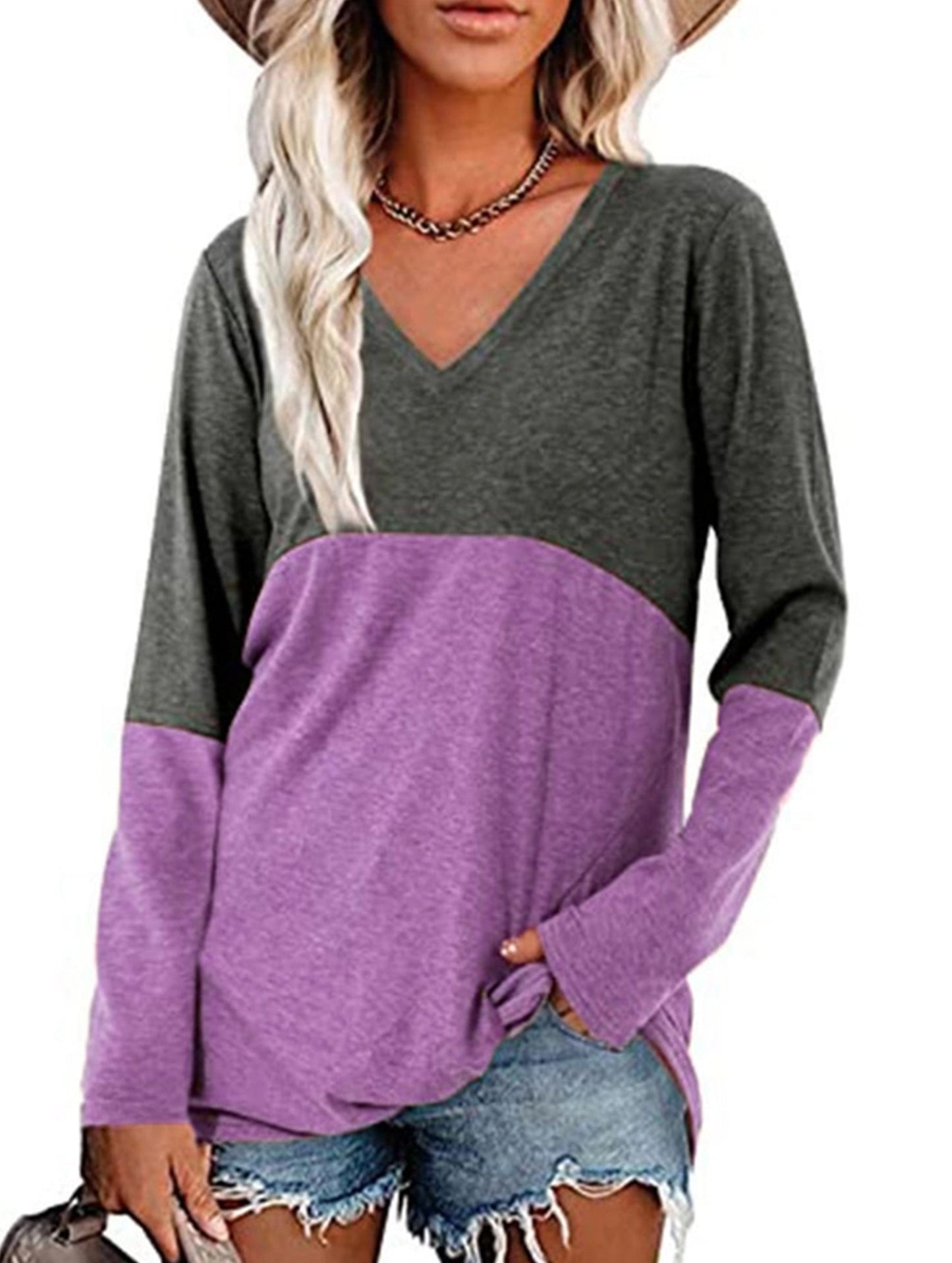 Color contrast patchwork V-neck long sleeve Tshirt