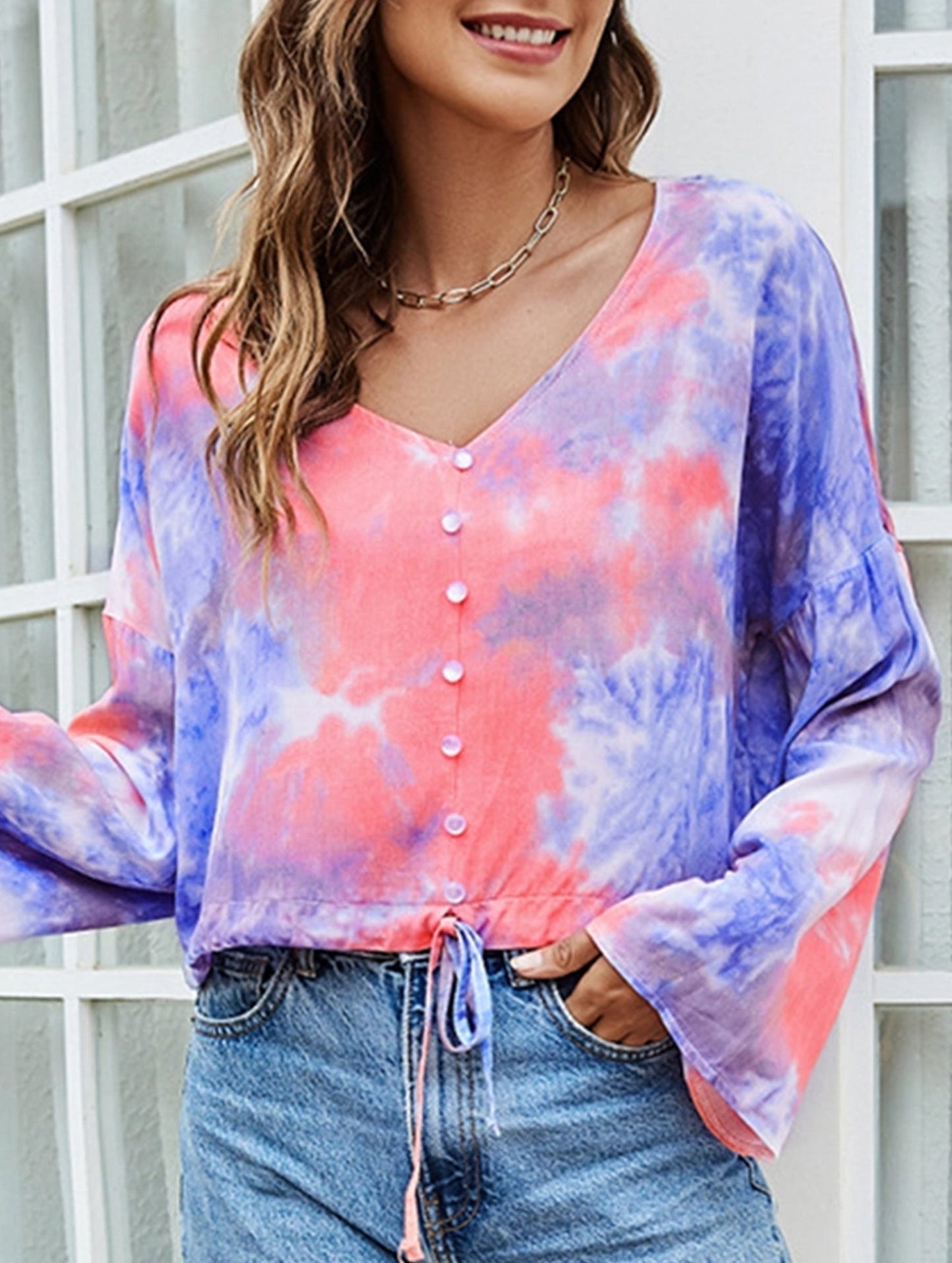 BIG V-NECK TIE-DYE SINGLE BREASTED T-SHIRT