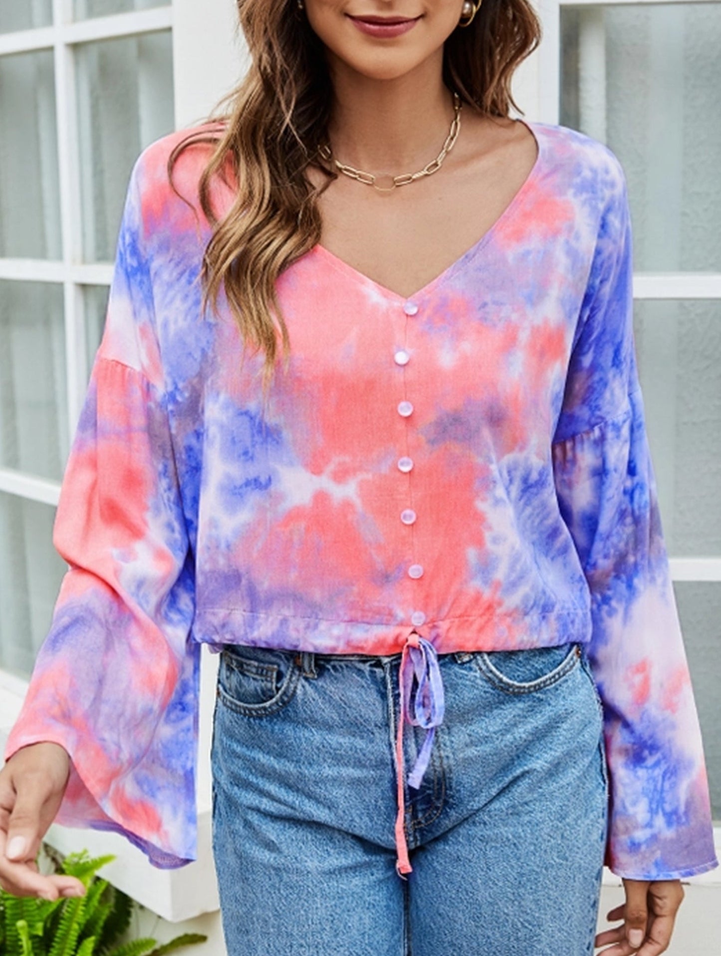 BIG V-NECK TIE-DYE SINGLE BREASTED T-SHIRT