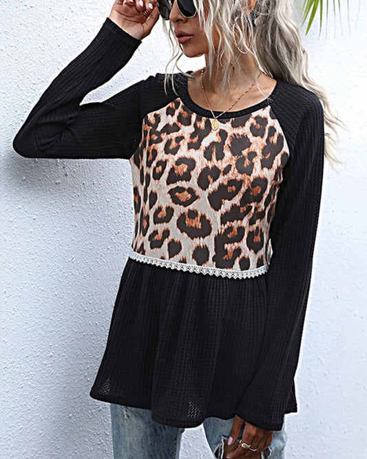 CASUAL LEOPARD PRINT PATCHWORK T-SHIRT