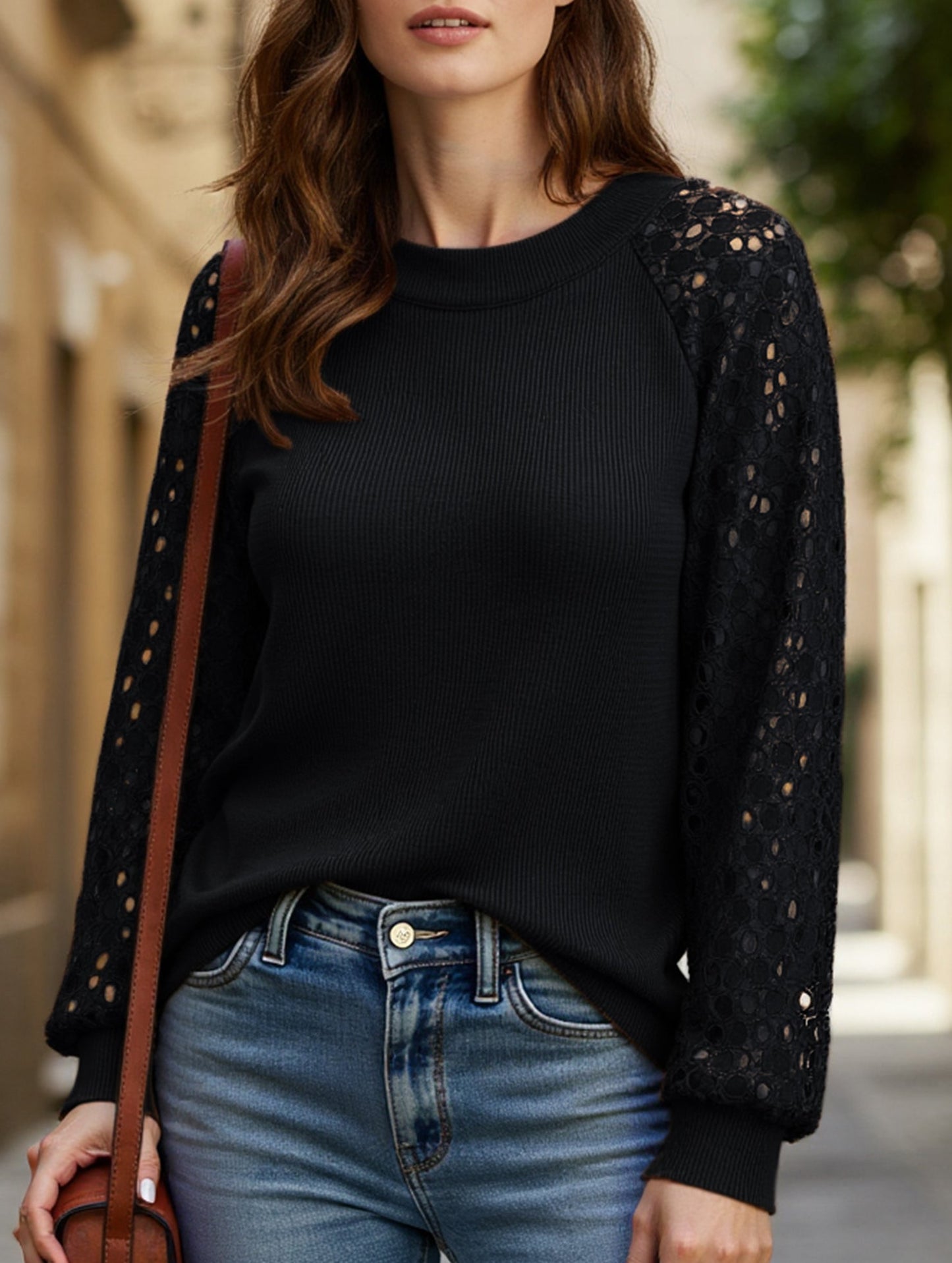 WAFFLE GREY PATCHWORK LONG SLEEVE T-SHIRT