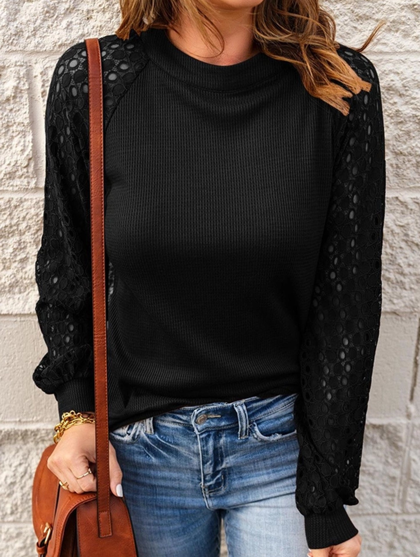 WAFFLE GREY PATCHWORK LONG SLEEVE T-SHIRT