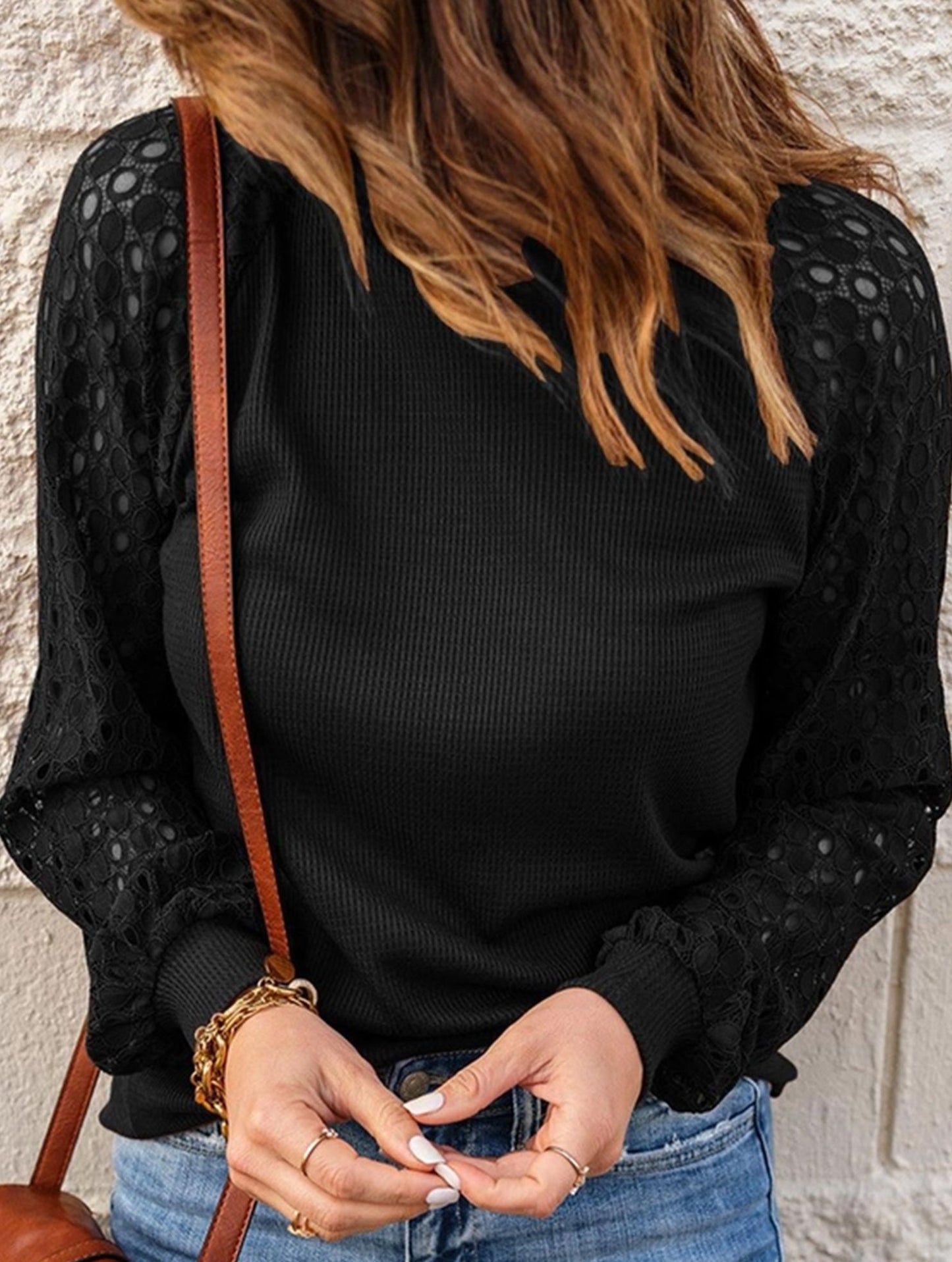 WAFFLE GREY PATCHWORK LONG SLEEVE T-SHIRT