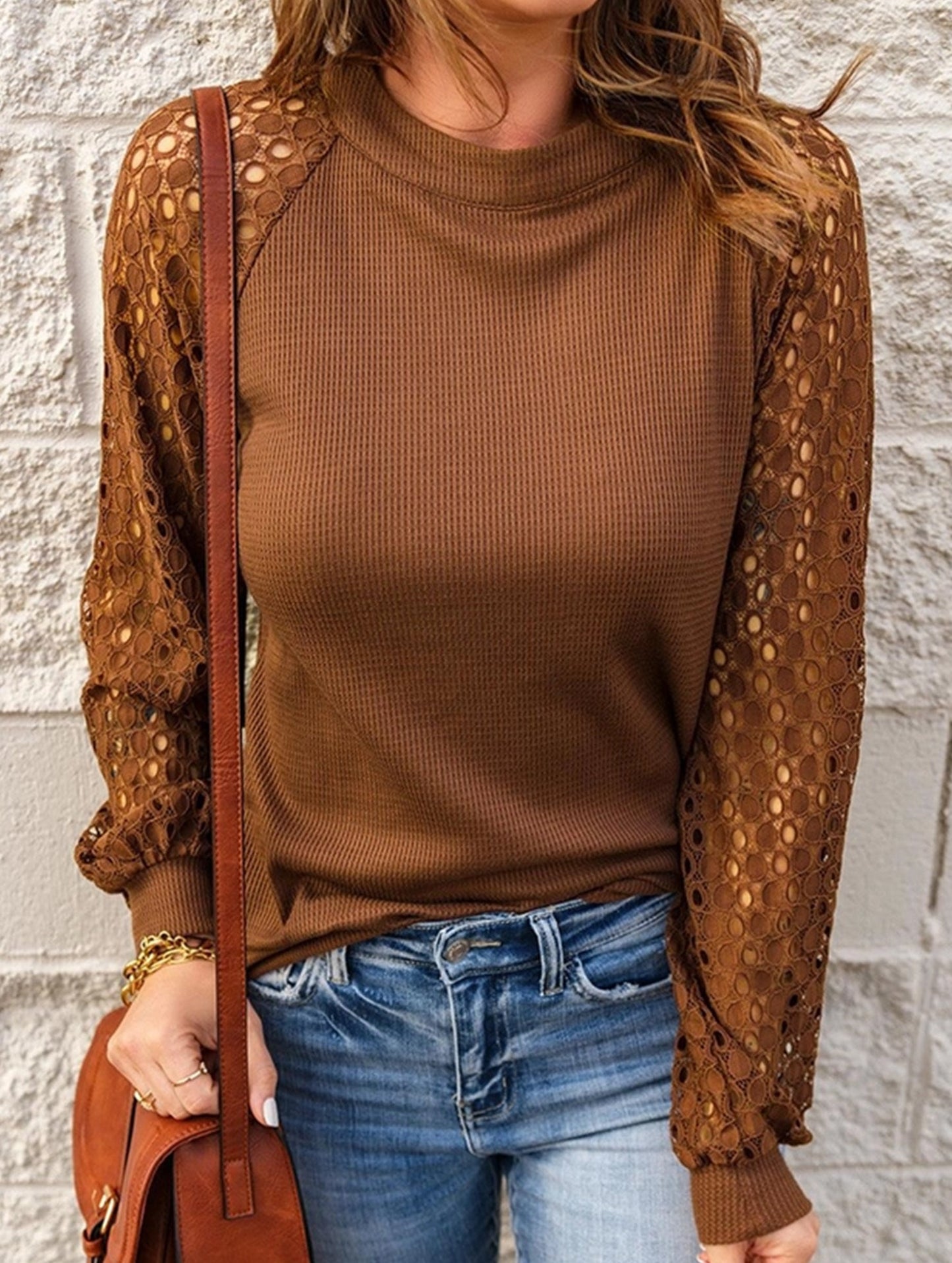 WAFFLE GREY PATCHWORK LONG SLEEVE T-SHIRT