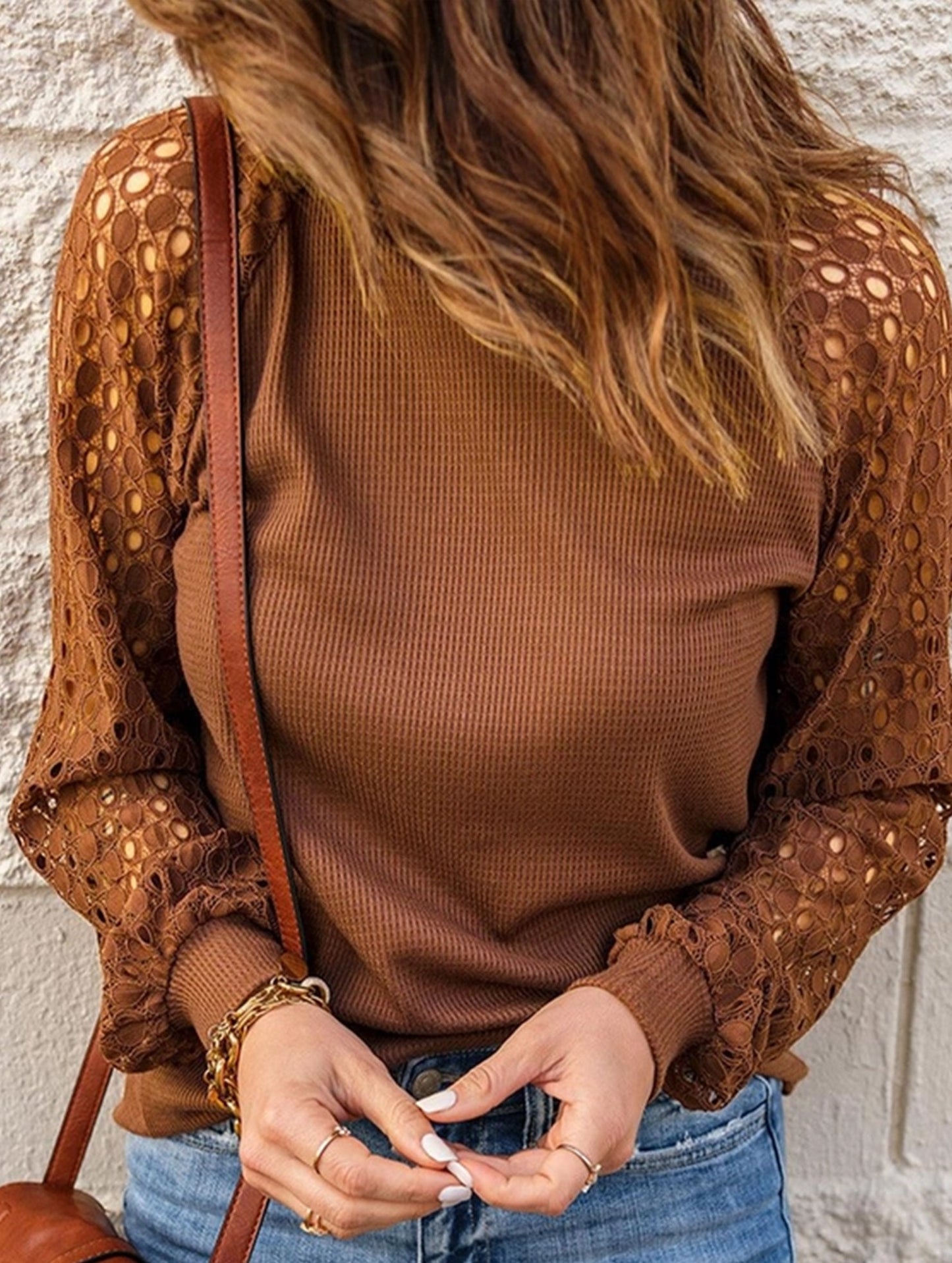 WAFFLE GREY PATCHWORK LONG SLEEVE T-SHIRT