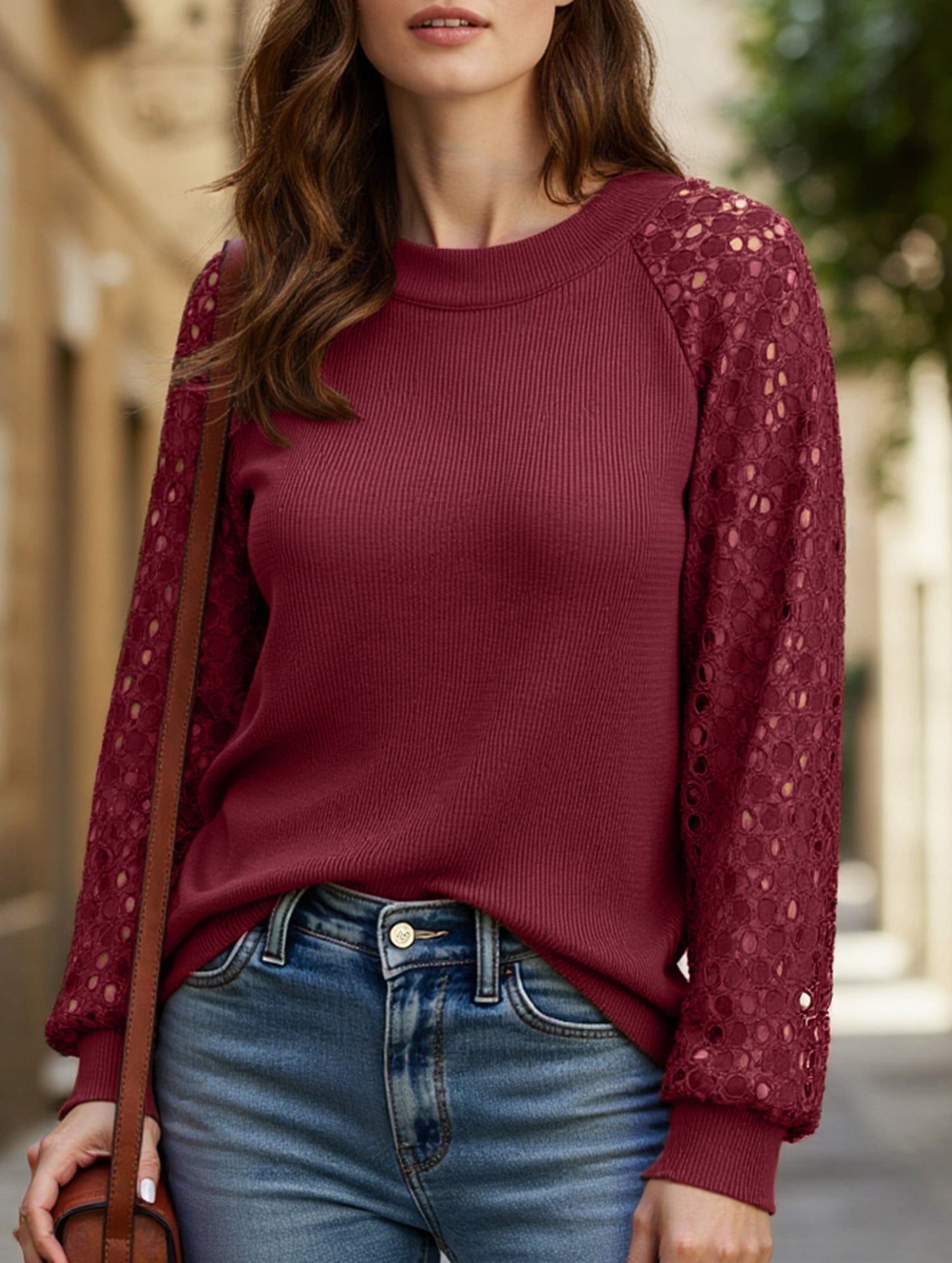 WAFFLE GREY PATCHWORK LONG SLEEVE T-SHIRT