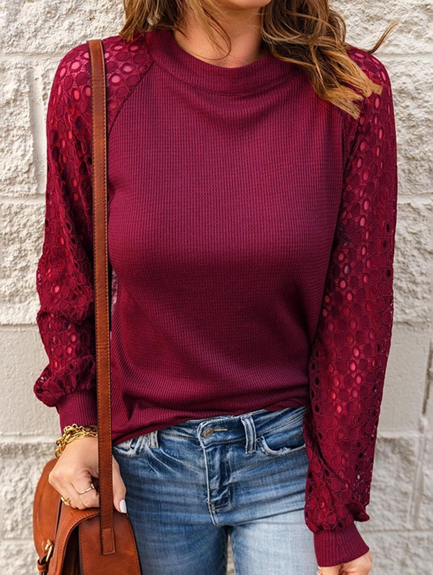 WAFFLE GREY PATCHWORK LONG SLEEVE T-SHIRT