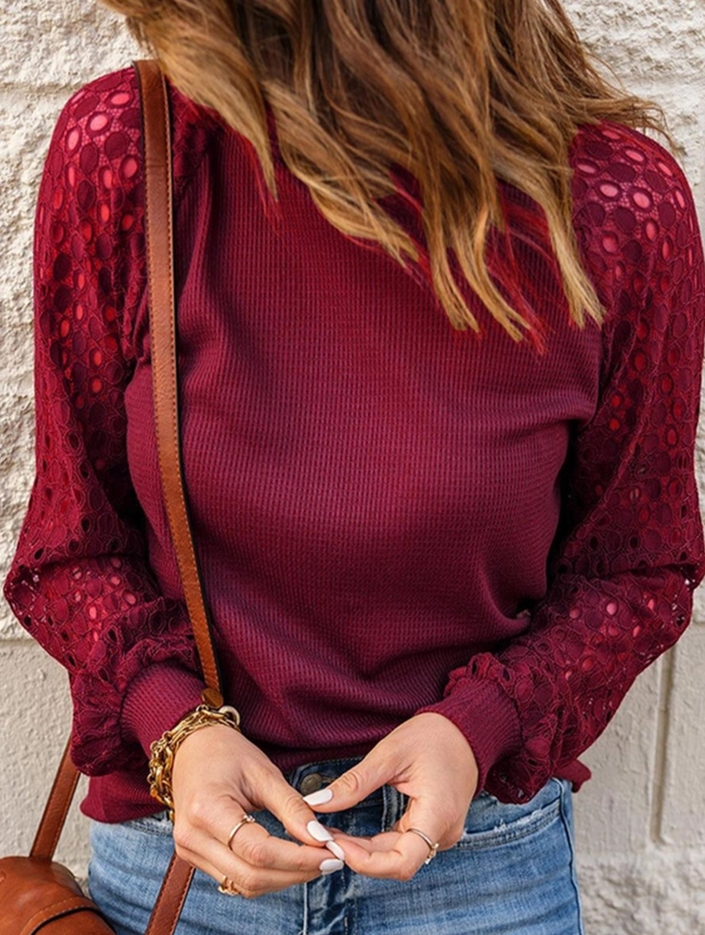 WAFFLE GREY PATCHWORK LONG SLEEVE T-SHIRT