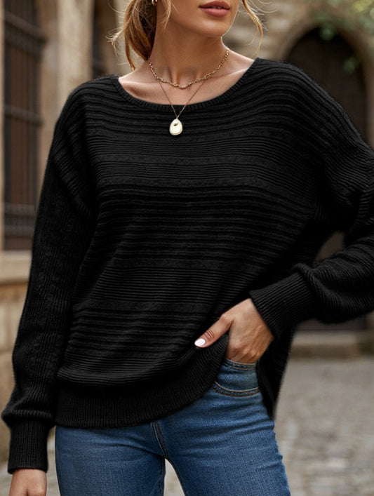 SOLID COLOR CREW NECK PATCHWORK PULLOVER TOP