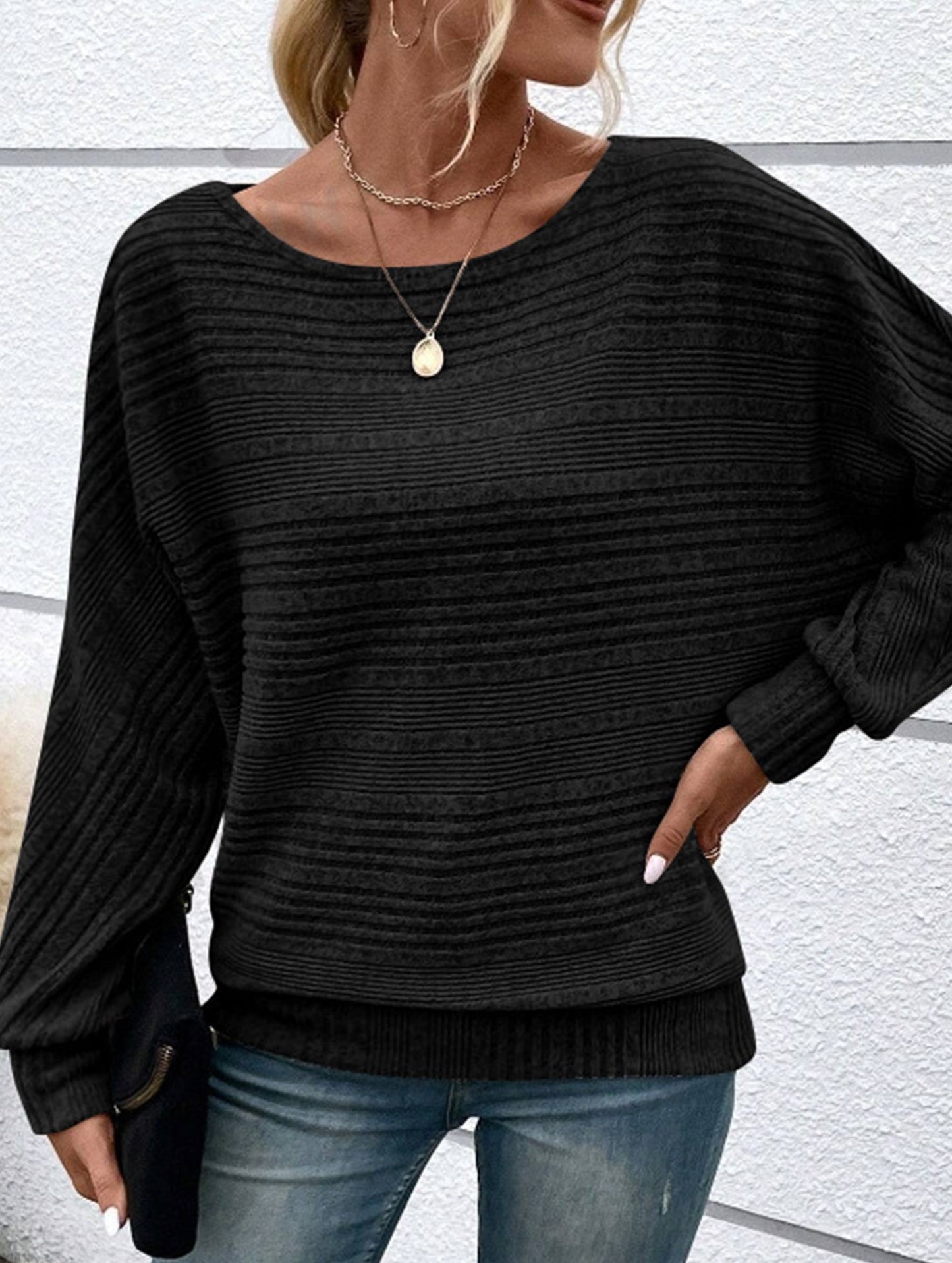 SOLID COLOR CREW NECK PATCHWORK PULLOVER TOP