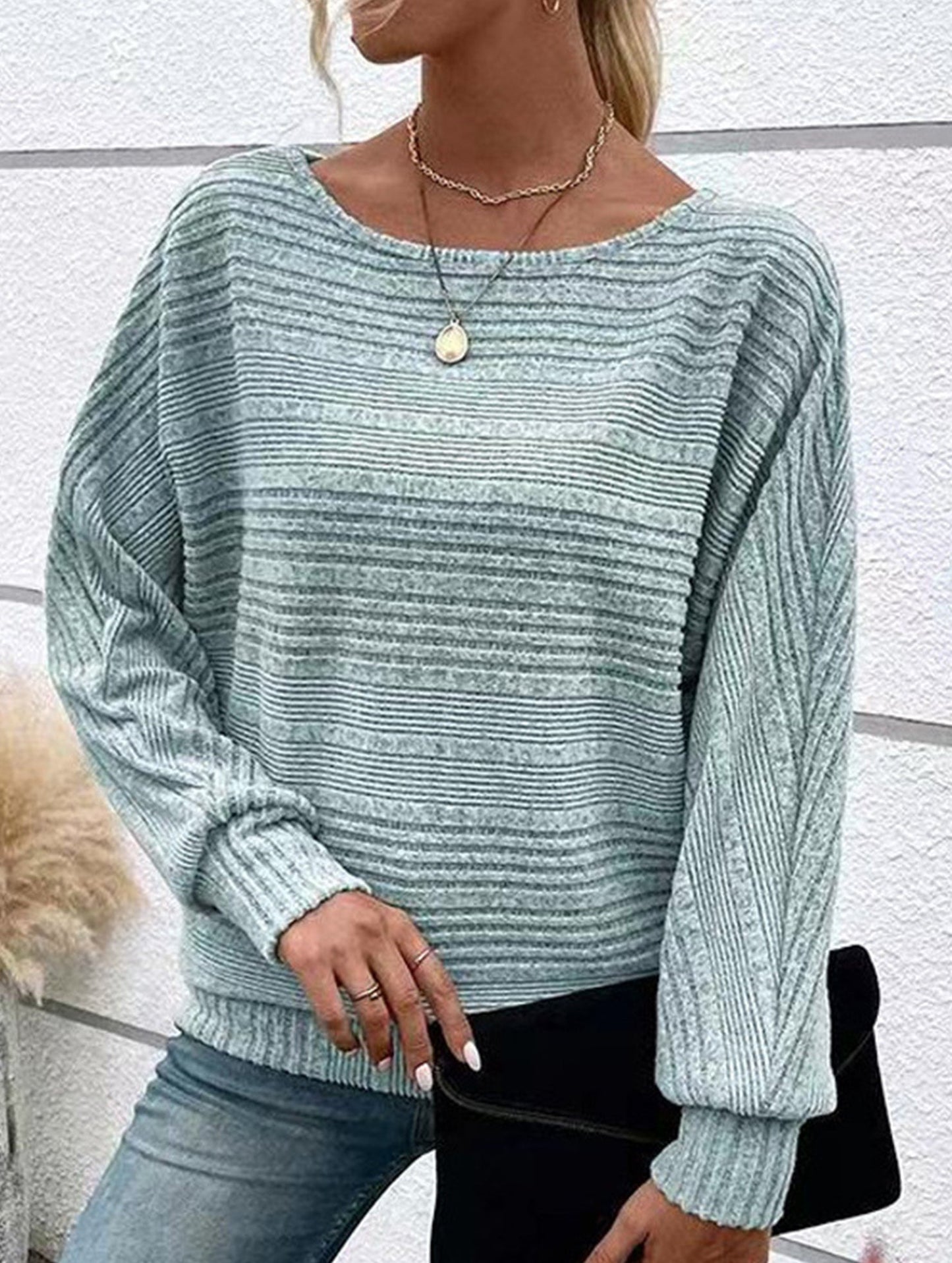 SOLID COLOR CREW NECK PATCHWORK PULLOVER TOP