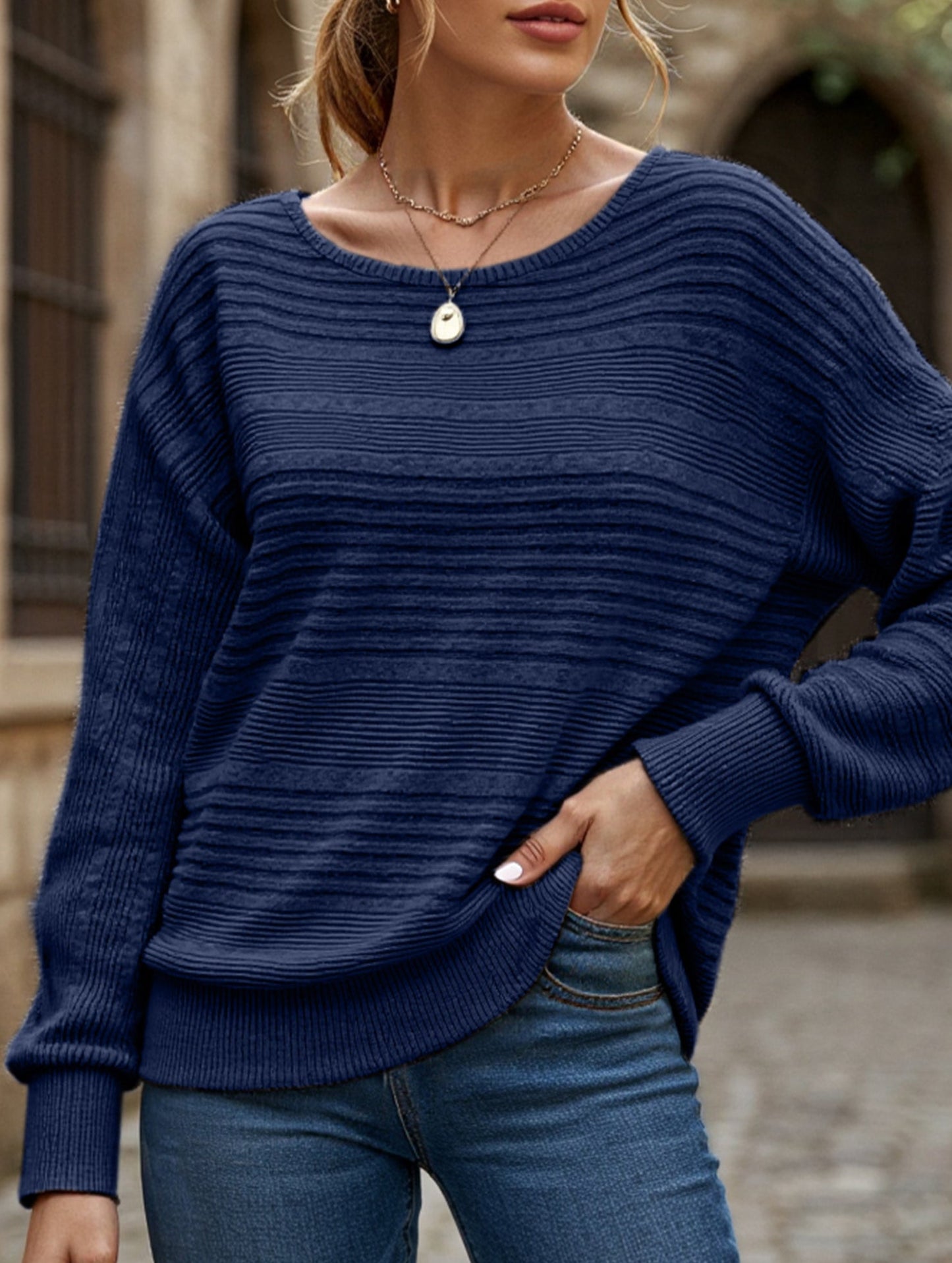 SOLID COLOR CREW NECK PATCHWORK PULLOVER TOP