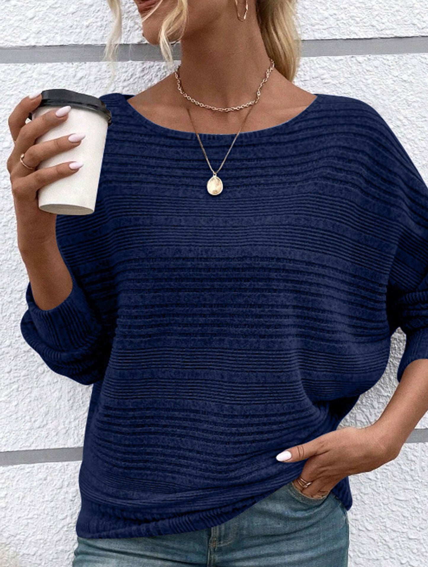 SOLID COLOR CREW NECK PATCHWORK PULLOVER TOP