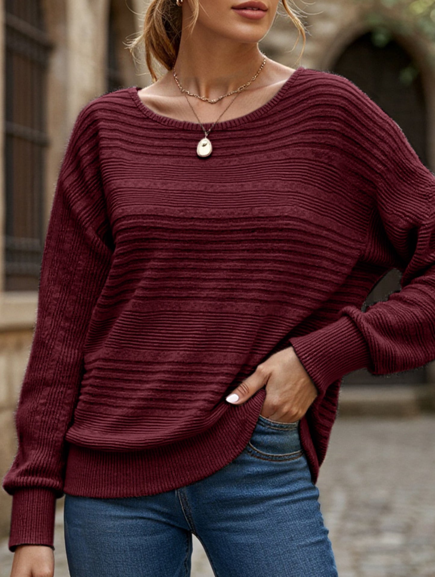 SOLID COLOR CREW NECK PATCHWORK PULLOVER TOP