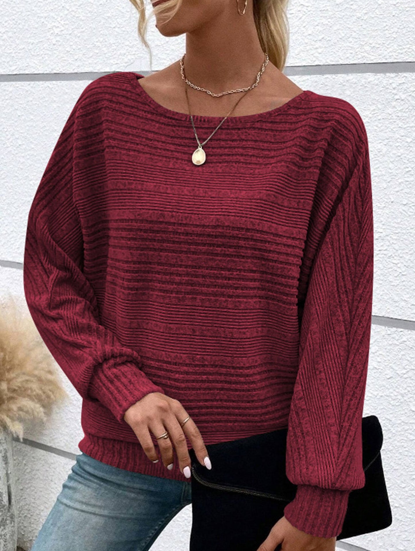 SOLID COLOR CREW NECK PATCHWORK PULLOVER TOP