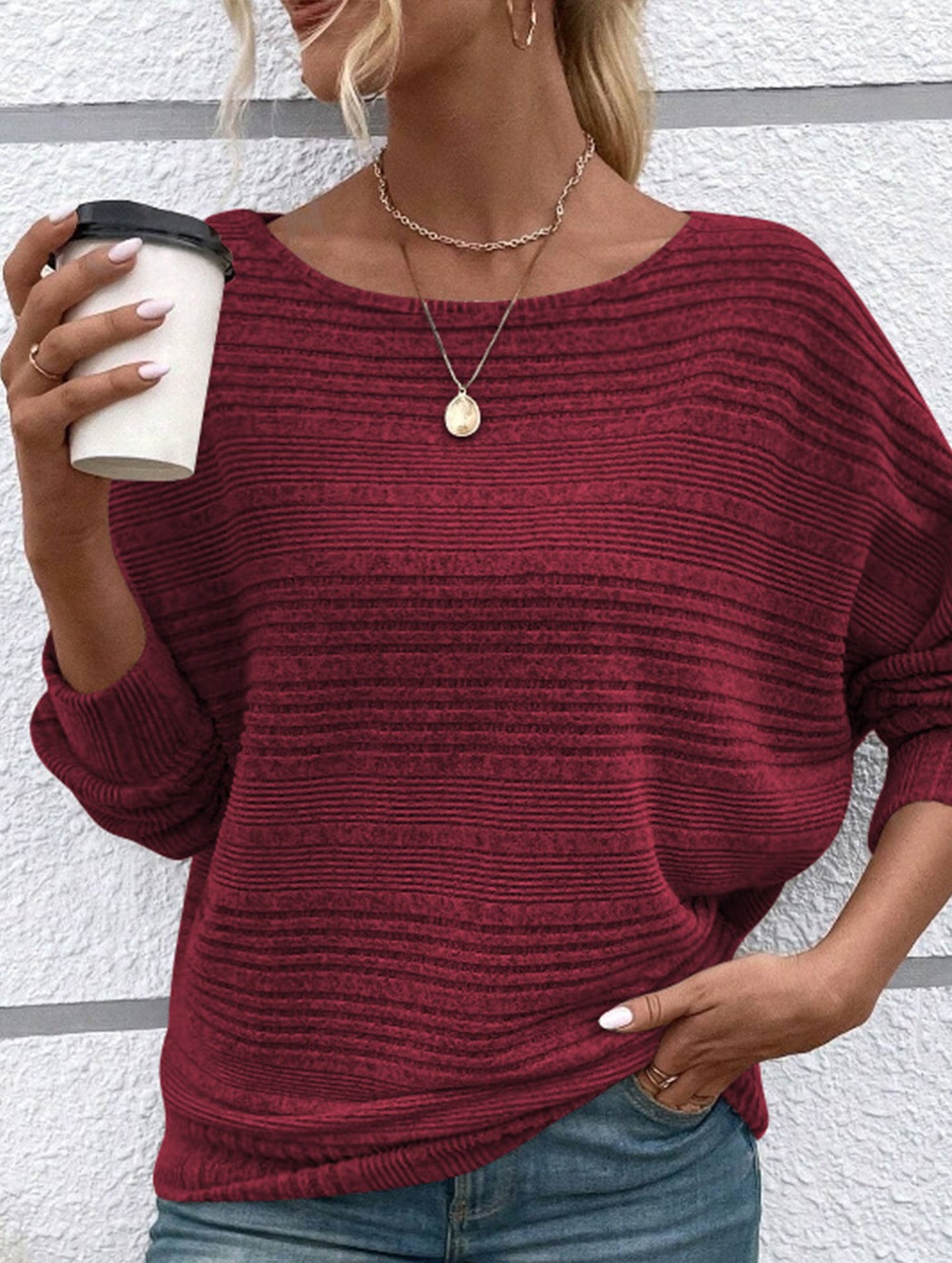 SOLID COLOR CREW NECK PATCHWORK PULLOVER TOP