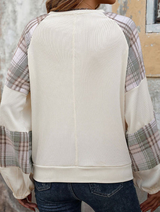 PLAID COLOR CONTRAST PATCHWORK ROUND NECK HOODIE