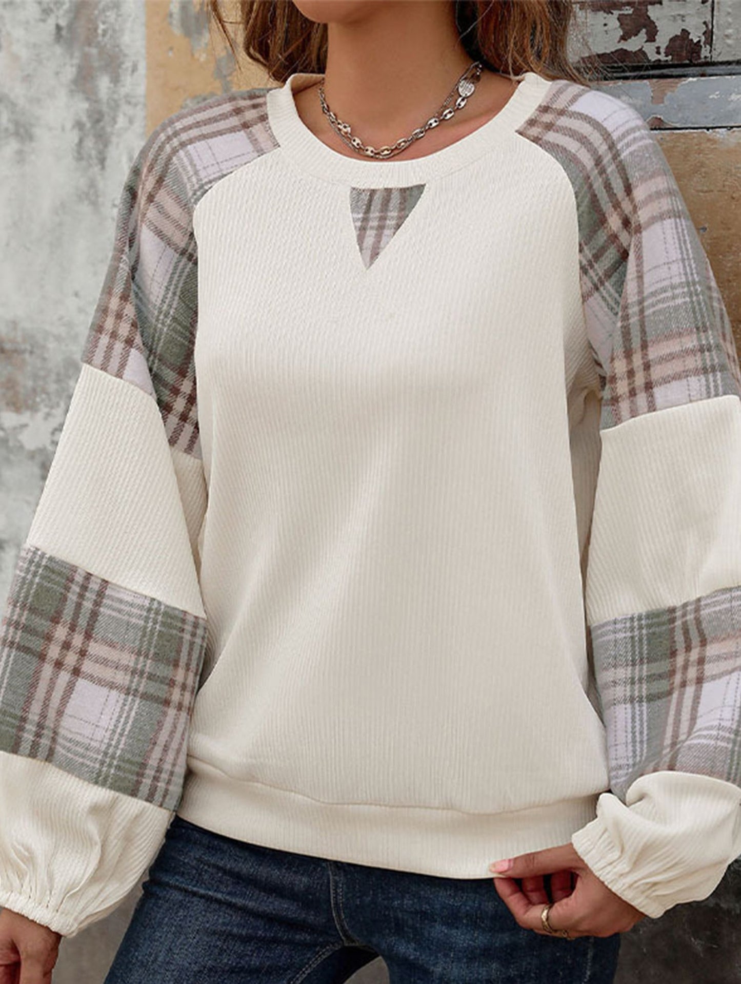 PLAID COLOR CONTRAST PATCHWORK ROUND NECK HOODIE