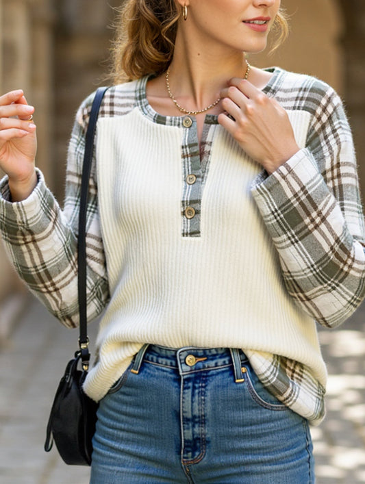 PLAID PATCHWORK LONG-SLEEVED CREW NECK T-SHIRT