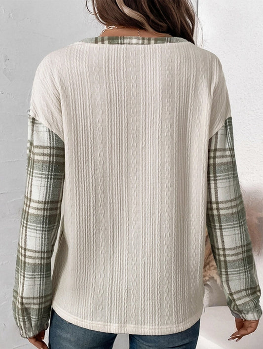 PLAID PATCHWORK LONG-SLEEVED CREW NECK T-SHIRT
