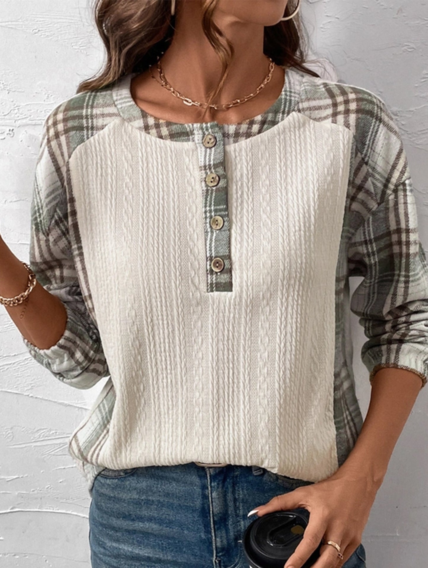PLAID PATCHWORK LONG-SLEEVED CREW NECK T-SHIRT
