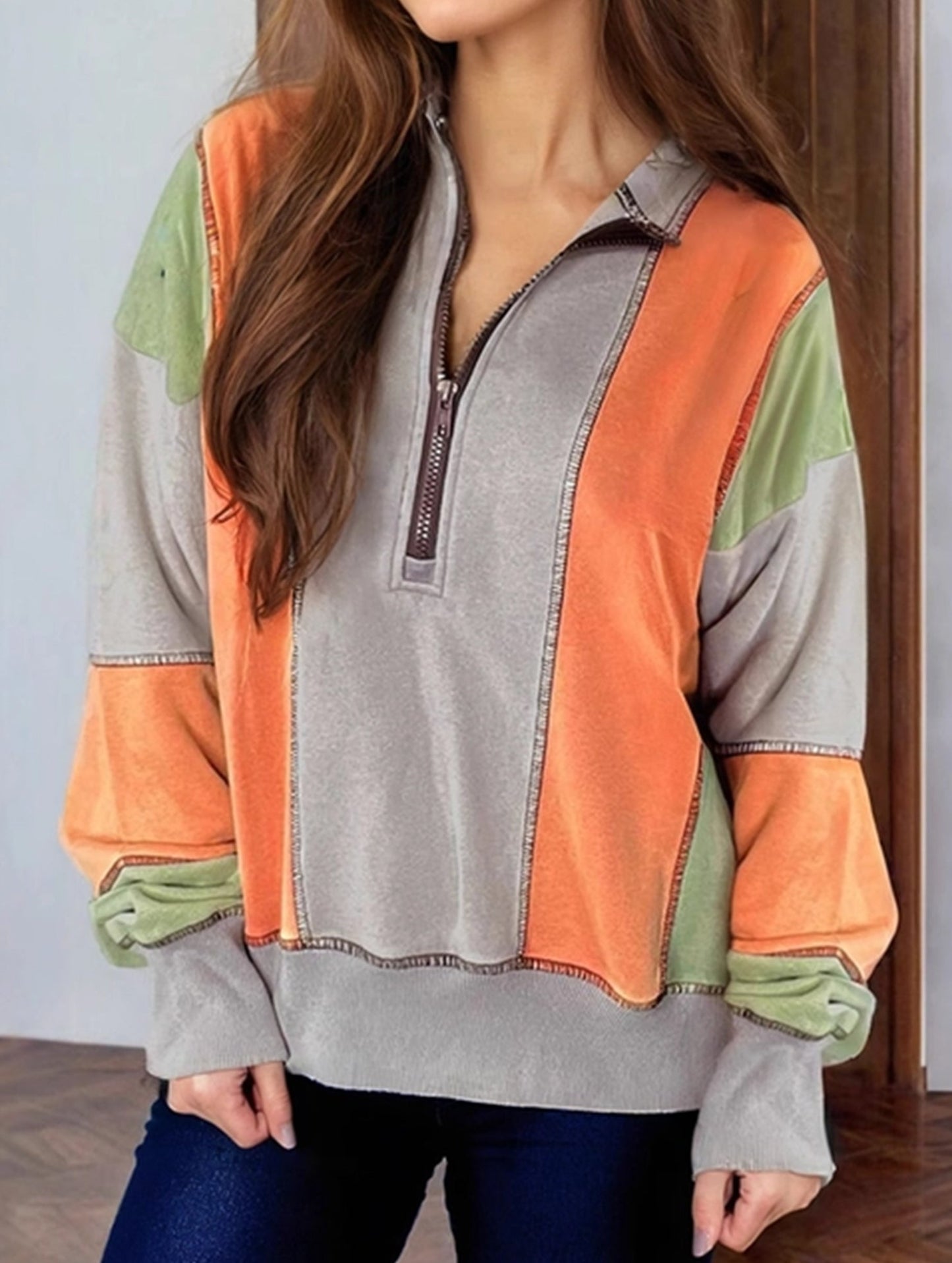 SIMPLE FASHION COLOR MATCHING CASUAL PULLOVER TOP
